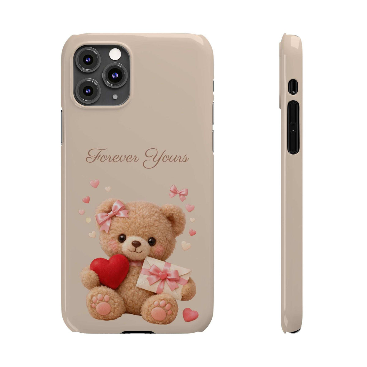 Beige phone case with “Forever Yours” text and teddy holding a red heart and gift
