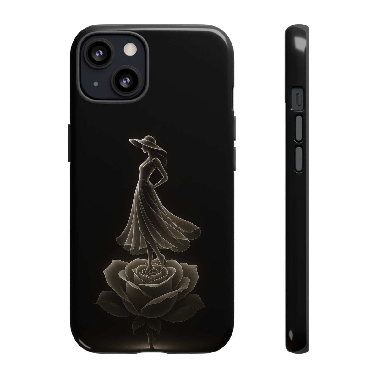 Glossy black phone case back with floral dancer design and side button cutout