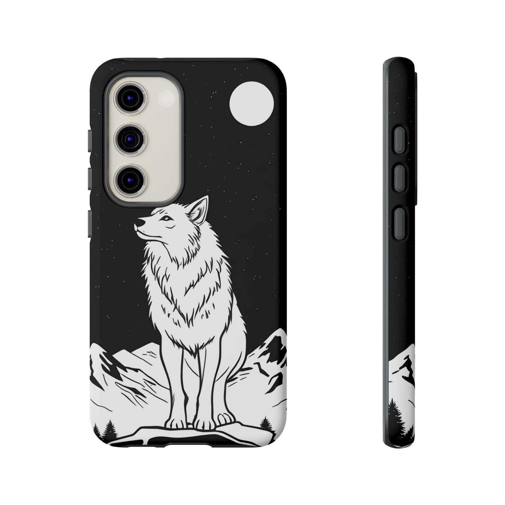 Black wolf phone case with starry background, camera cutouts, and side button openings