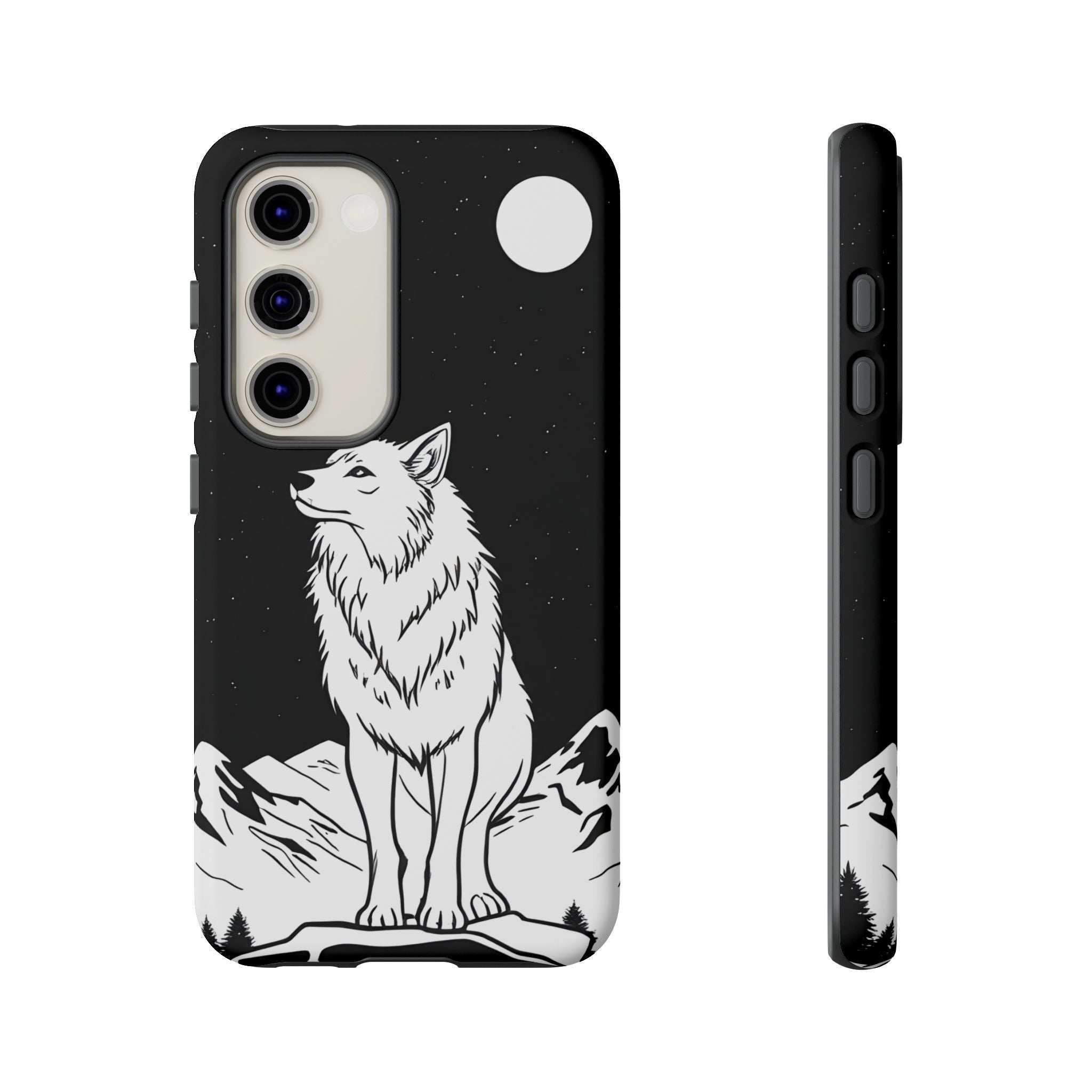 Black wolf phone case with starry background, camera cutouts, and side button openings