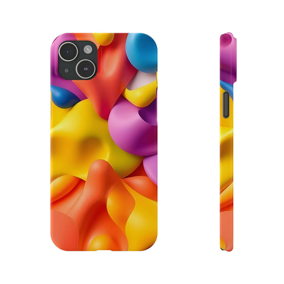 Multicolor abstract phone case with camera cutouts and side opening detail