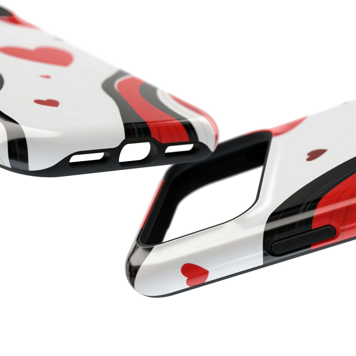 Glossy phone case with cutouts along the side and heart-and-swirls design