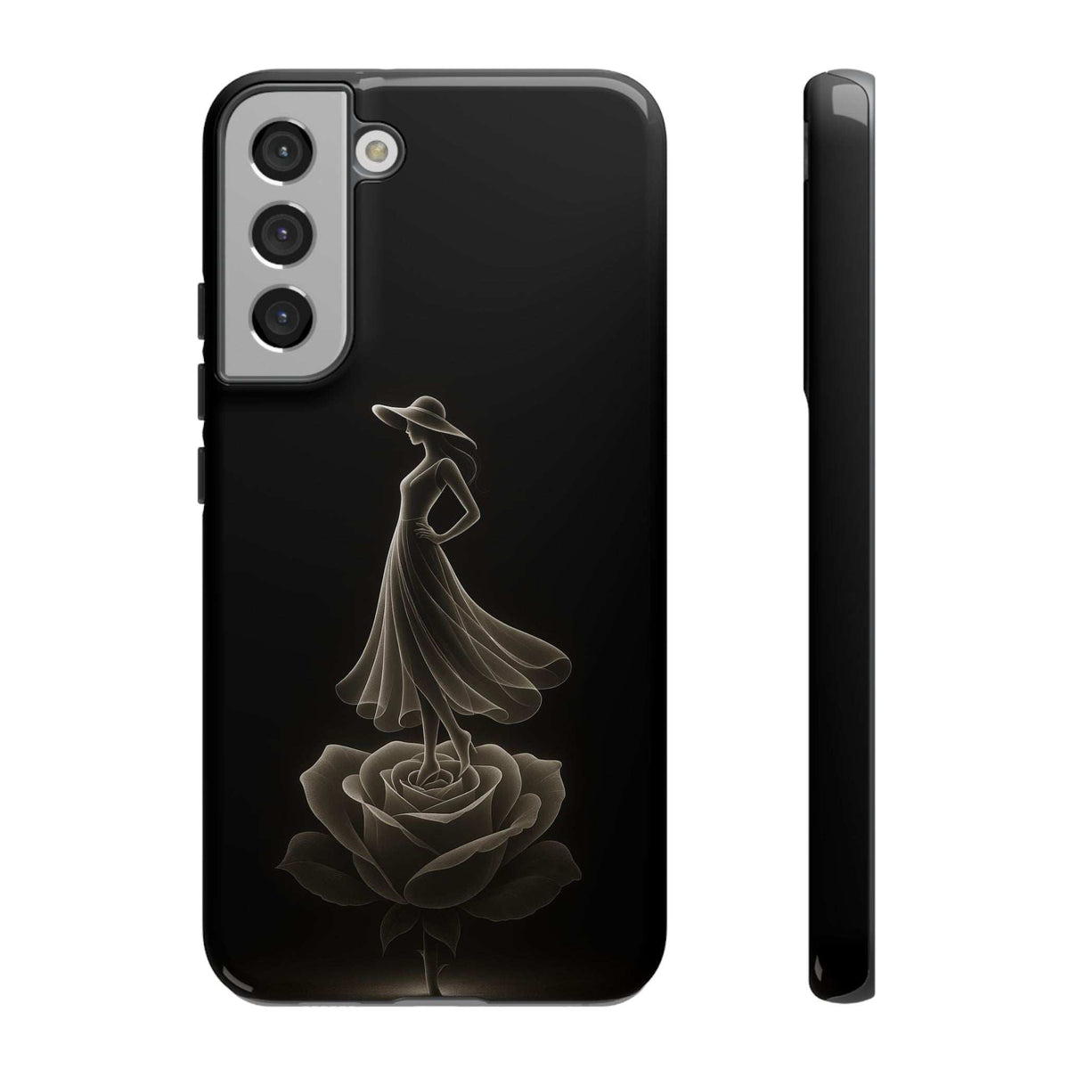 Black glossy phone case with lady and rose design; camera cutouts and side profile