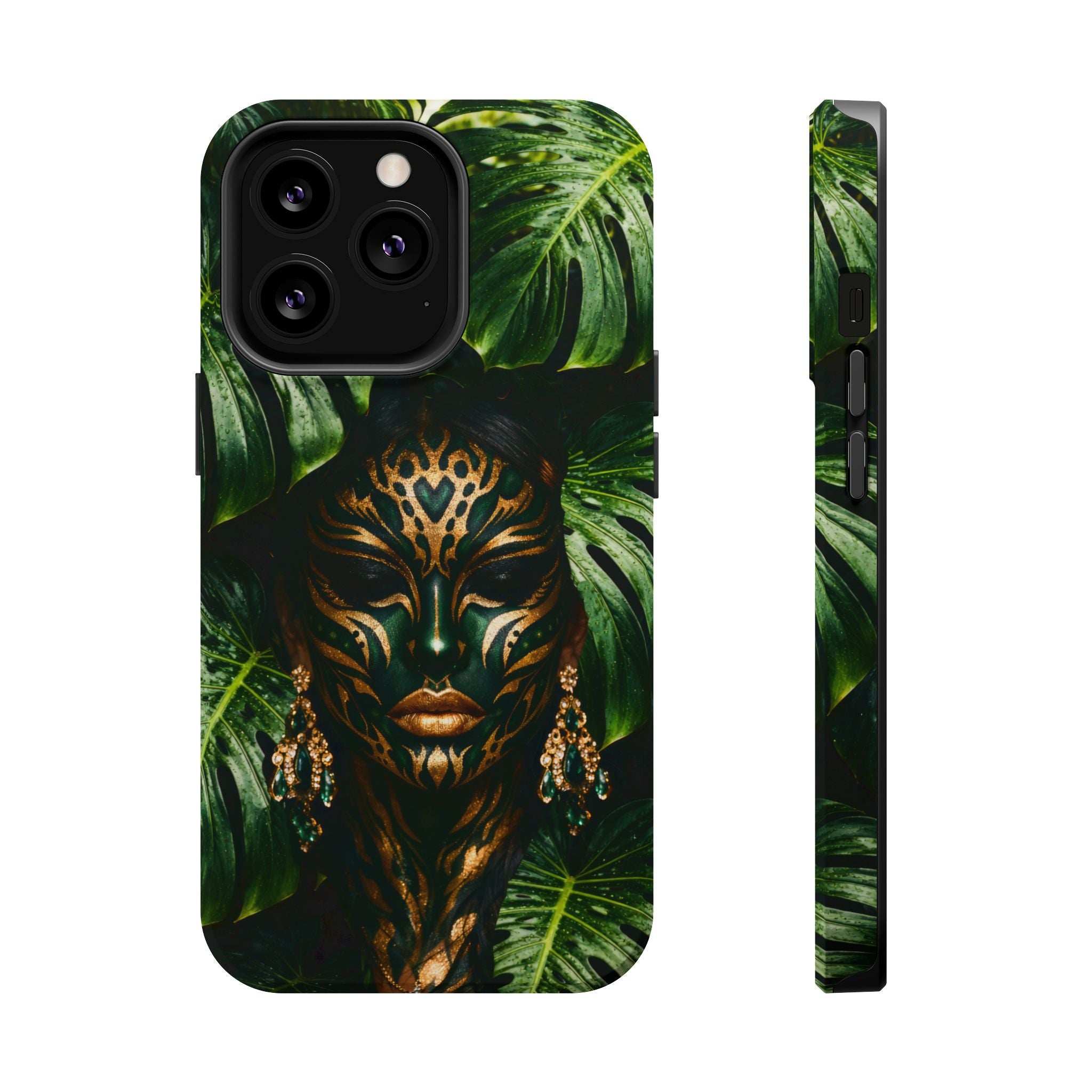 iPhone phone case with jungle leaves background and golden mask art, front and side