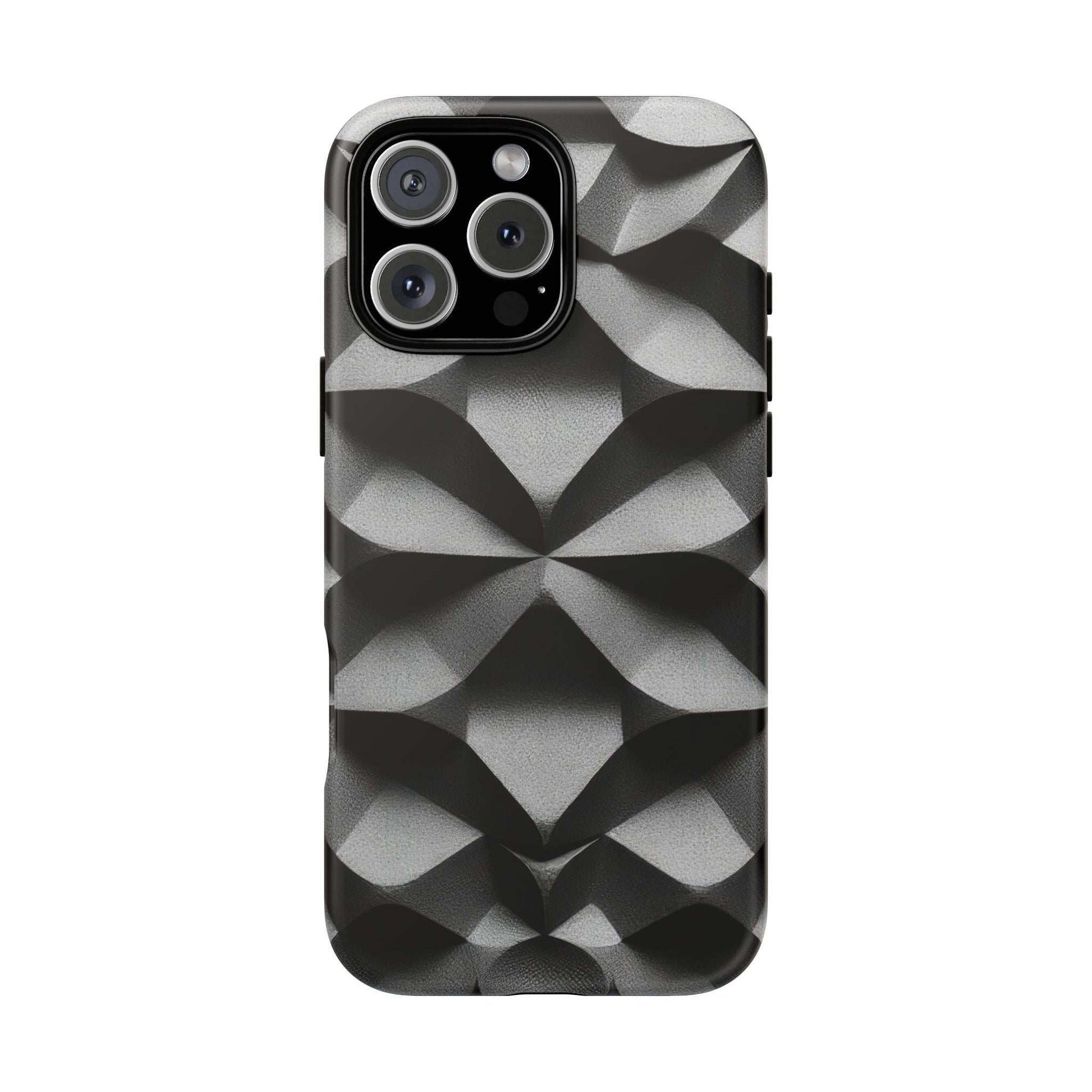 Rugged phone case with black and gray geometric design; camera cutouts with bezel protection