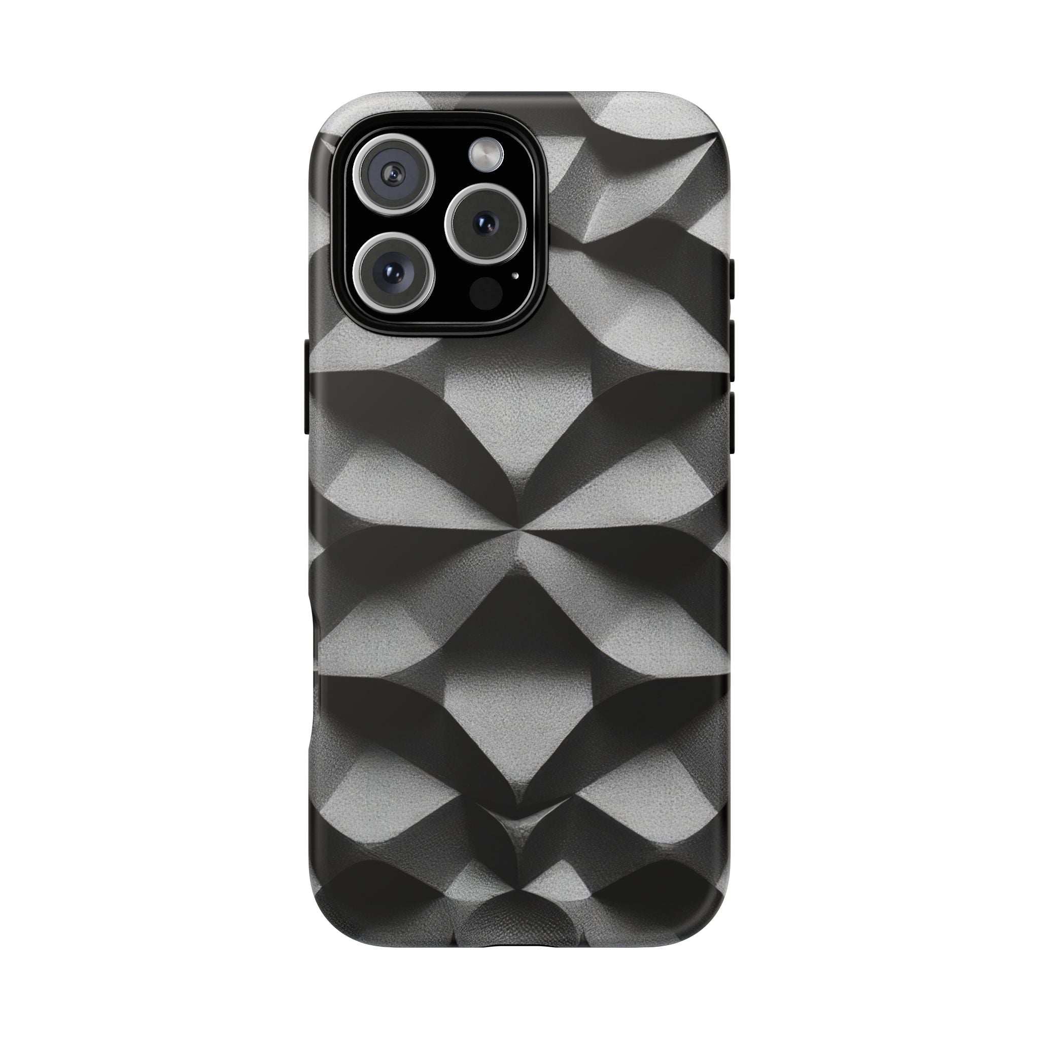 Rugged phone case with black and gray geometric design; camera cutouts with bezel protection