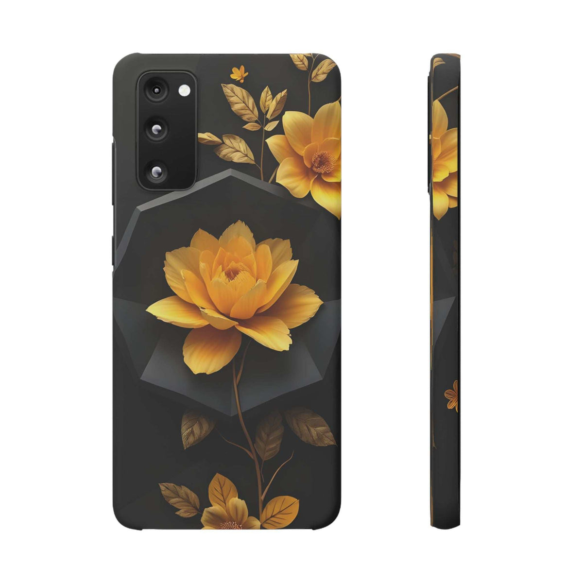 Black phone case with yellow blossom artwork, front camera cutouts and side edge.