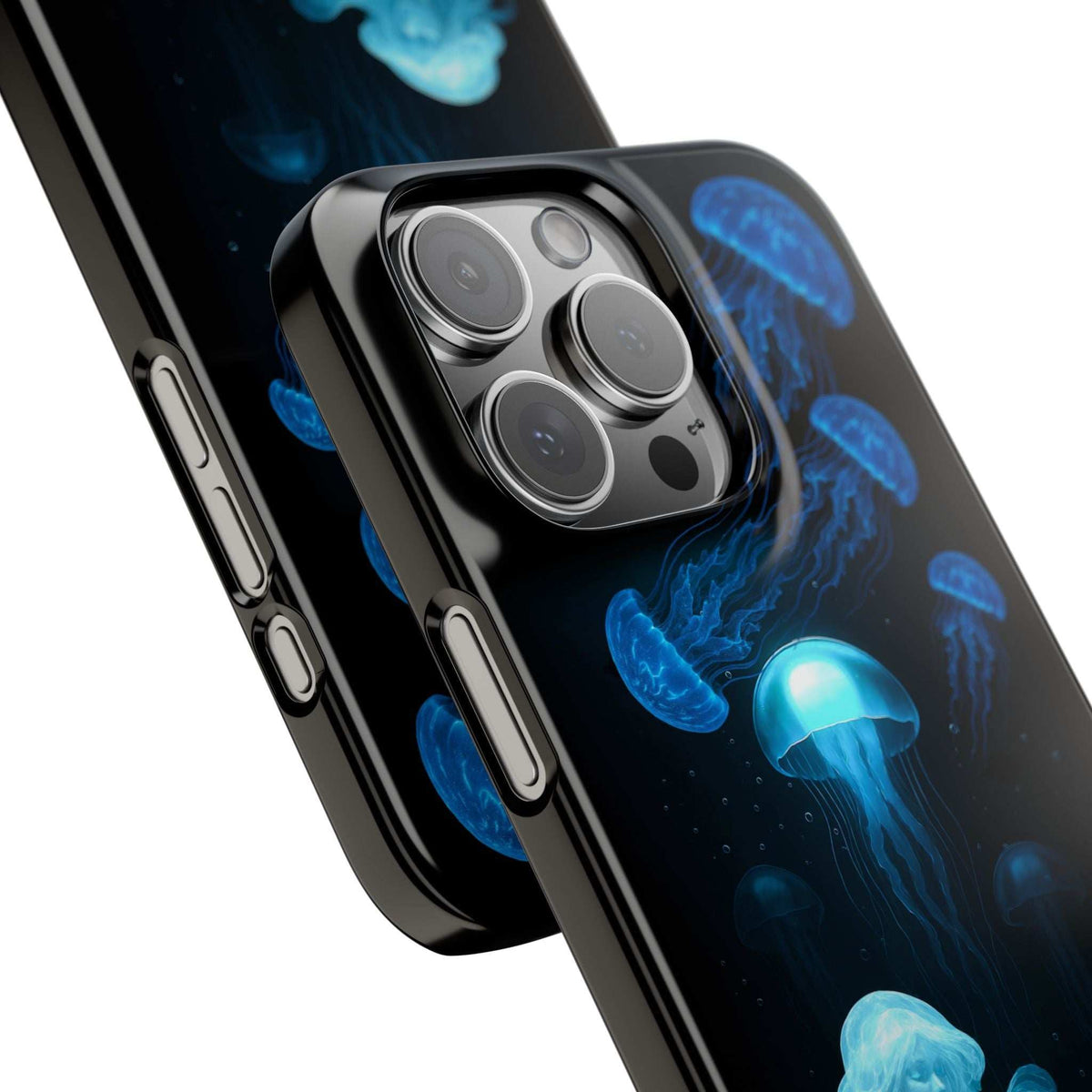 Jellyfish phone case in black with blue artwork and visible side button openings