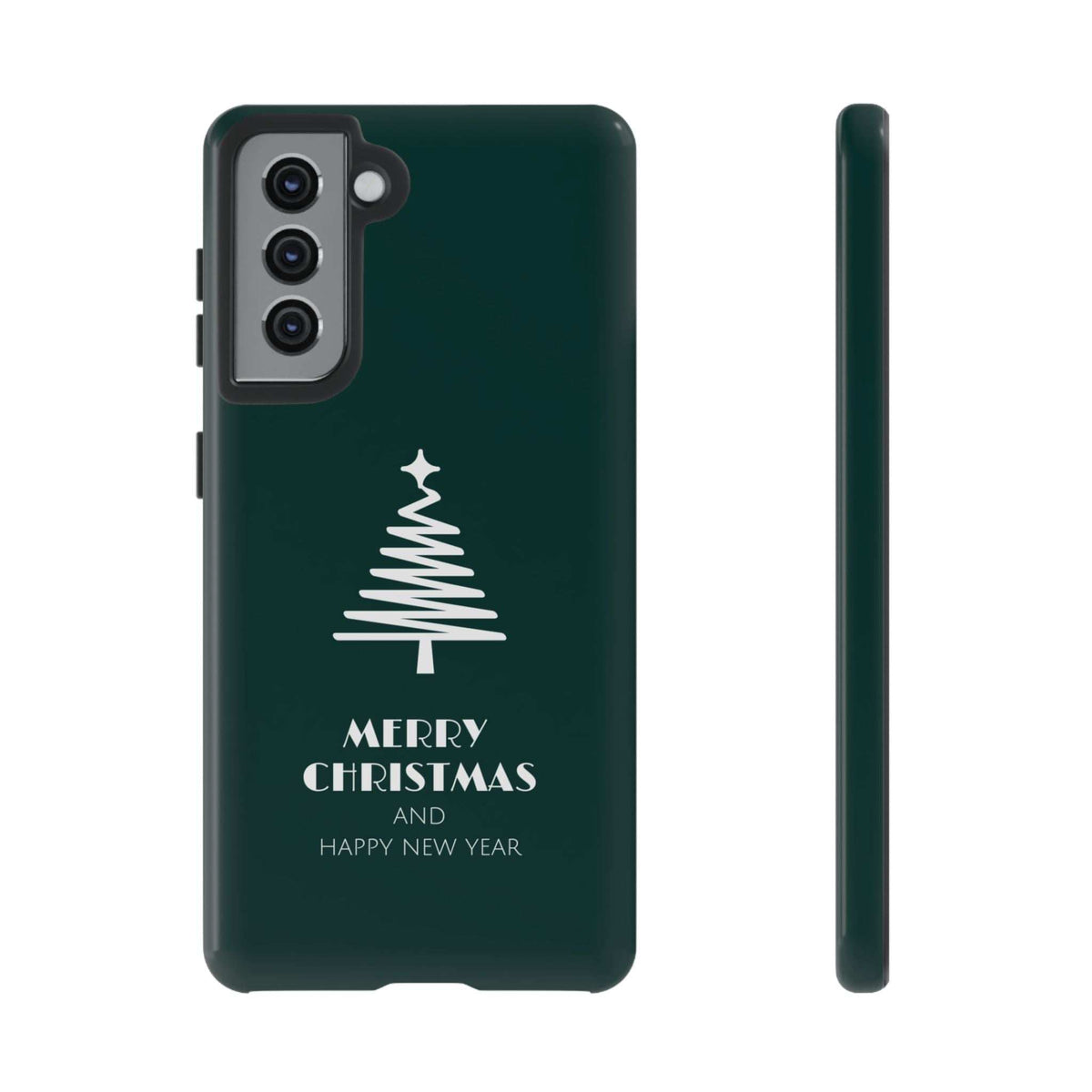 Dark green glossy phone case with Christmas tree and "Merry Christmas" on front