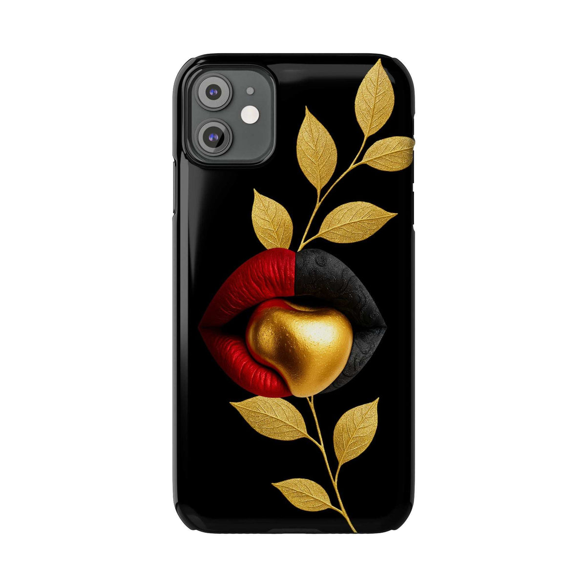 Gilded Expression iPhone phone case, black with gold leaves and red lips graphic
