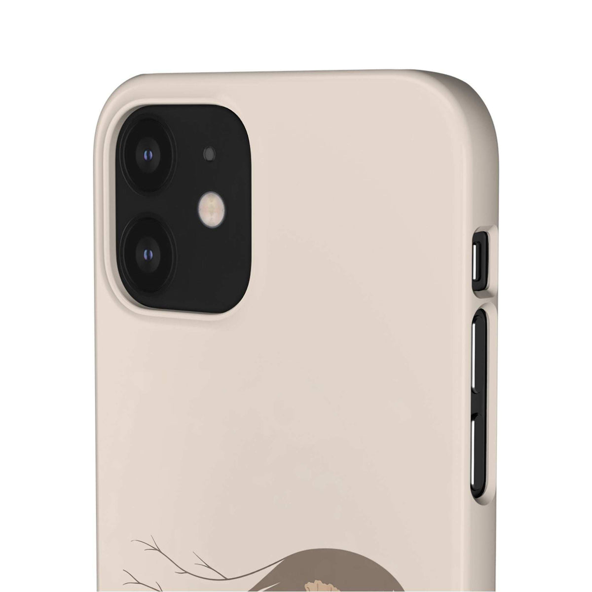 Beige phone case with dark camera panel, raised edges, and side button openings