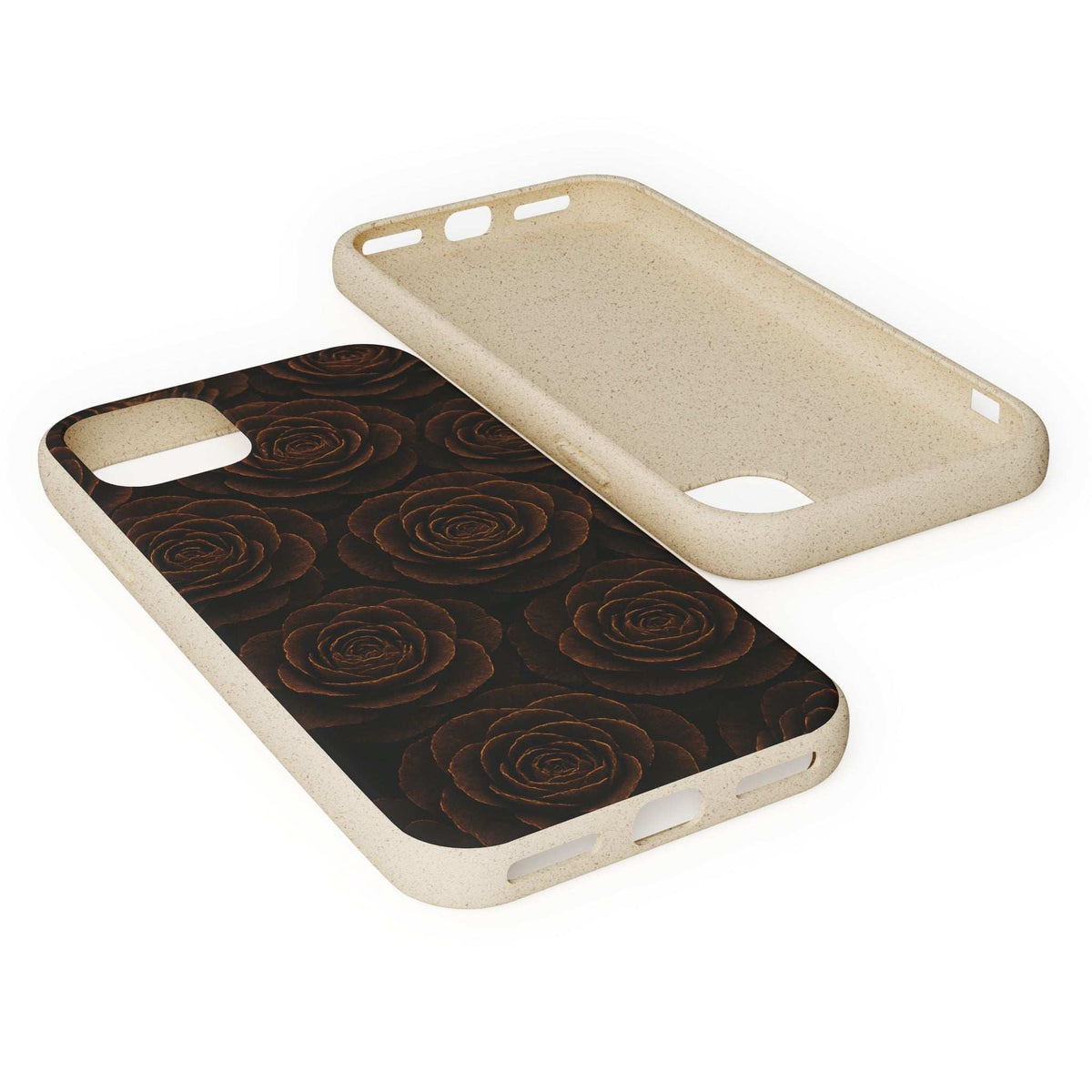 Black rose-pattern phone case with beige back cover and cutouts