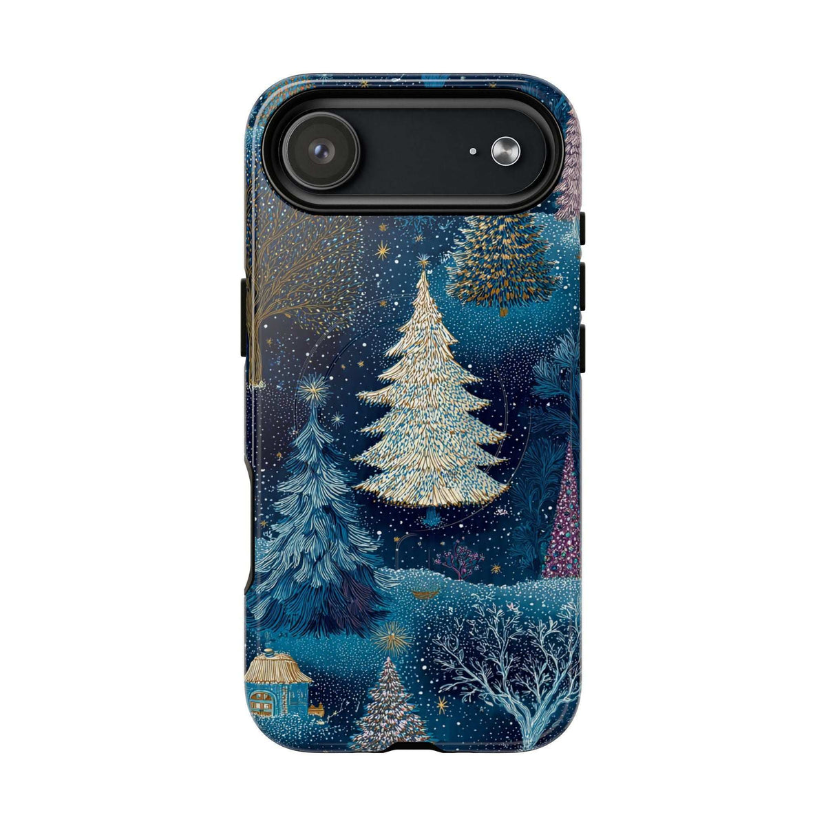 Glossy blue winter landscape phone case with pine trees and glitter; camera cutout bar.