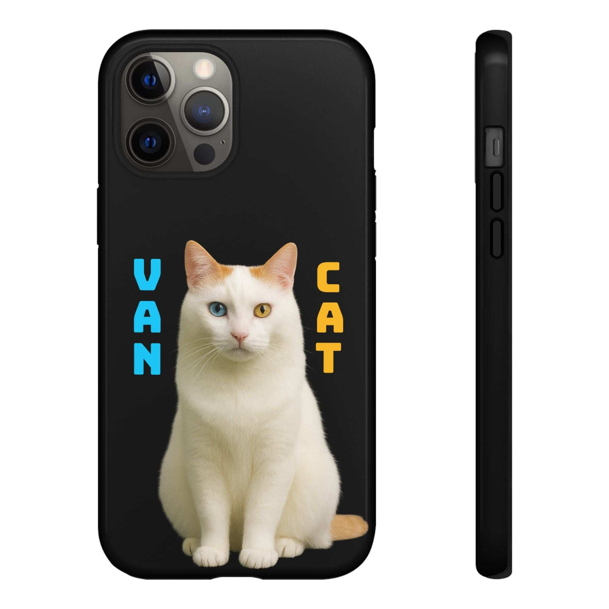 Glossy black phone case with white cat graphic and cutouts for camera and buttons