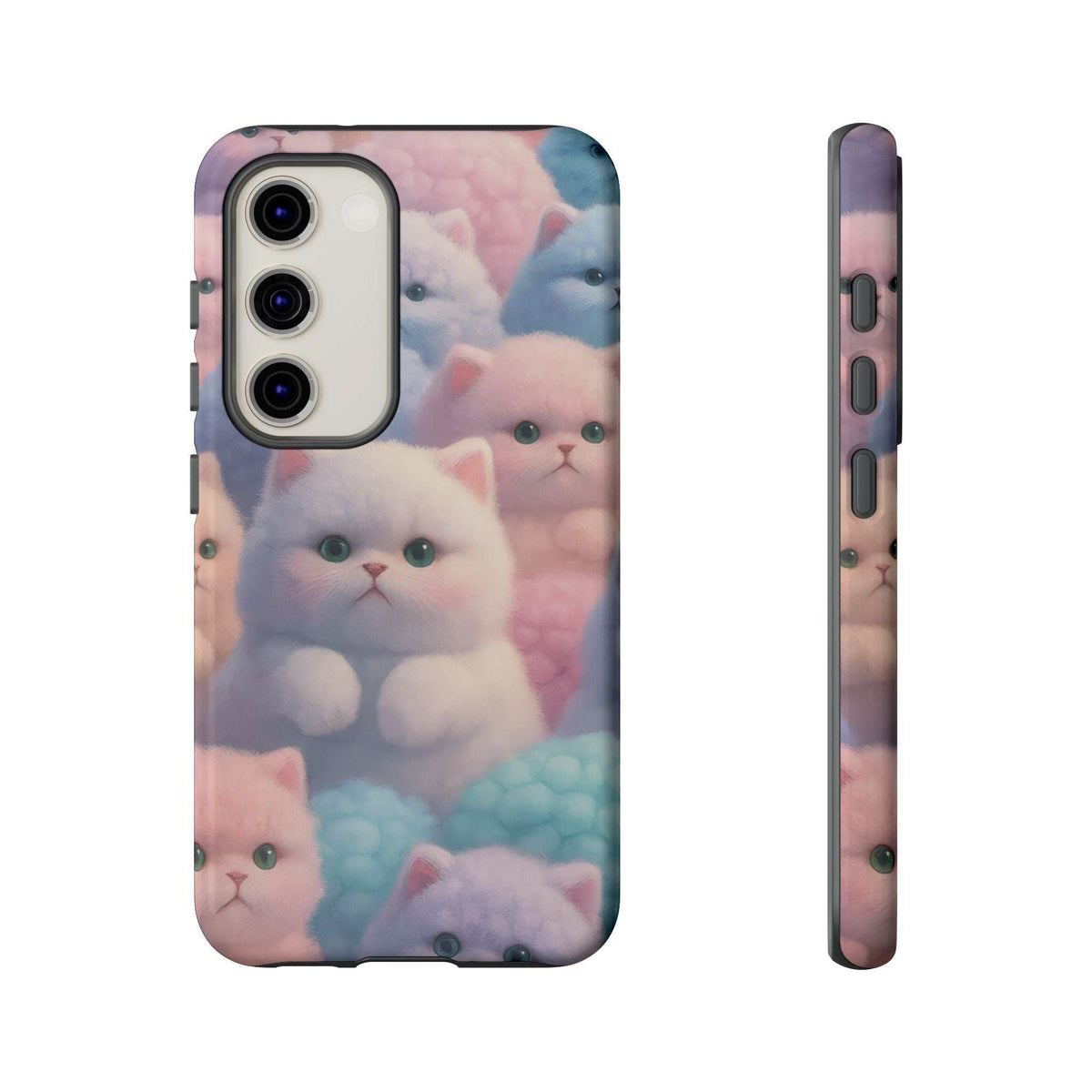 Pastel kitten phone case back view, glossy shell with cat pattern and camera cutout