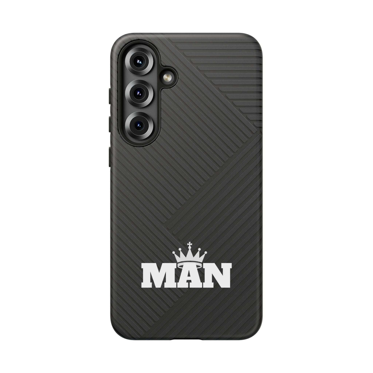 Black phone case with MAN logo, diagonal ridge texture, raised camera module cutouts