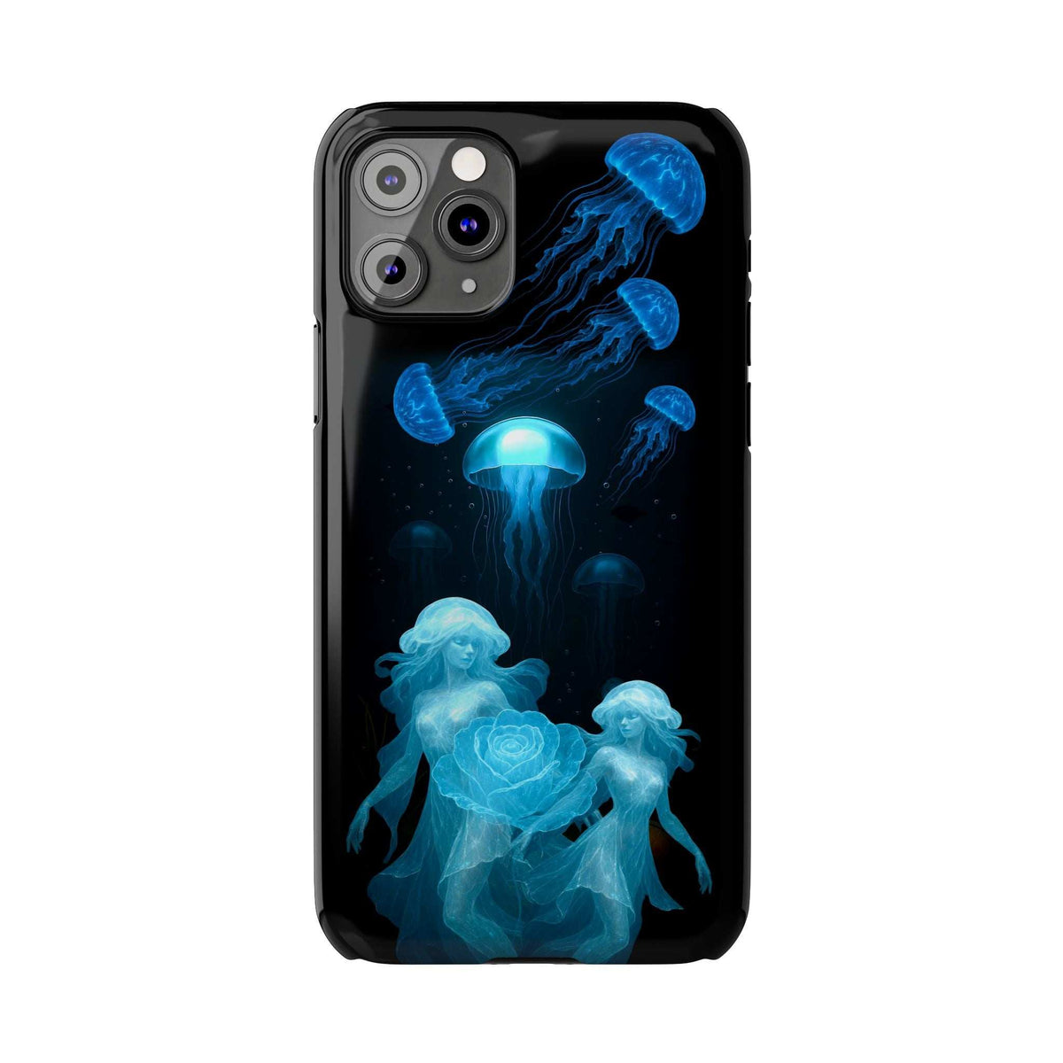 Phone case with blue jellyfish scene and glowing figure on a dark background