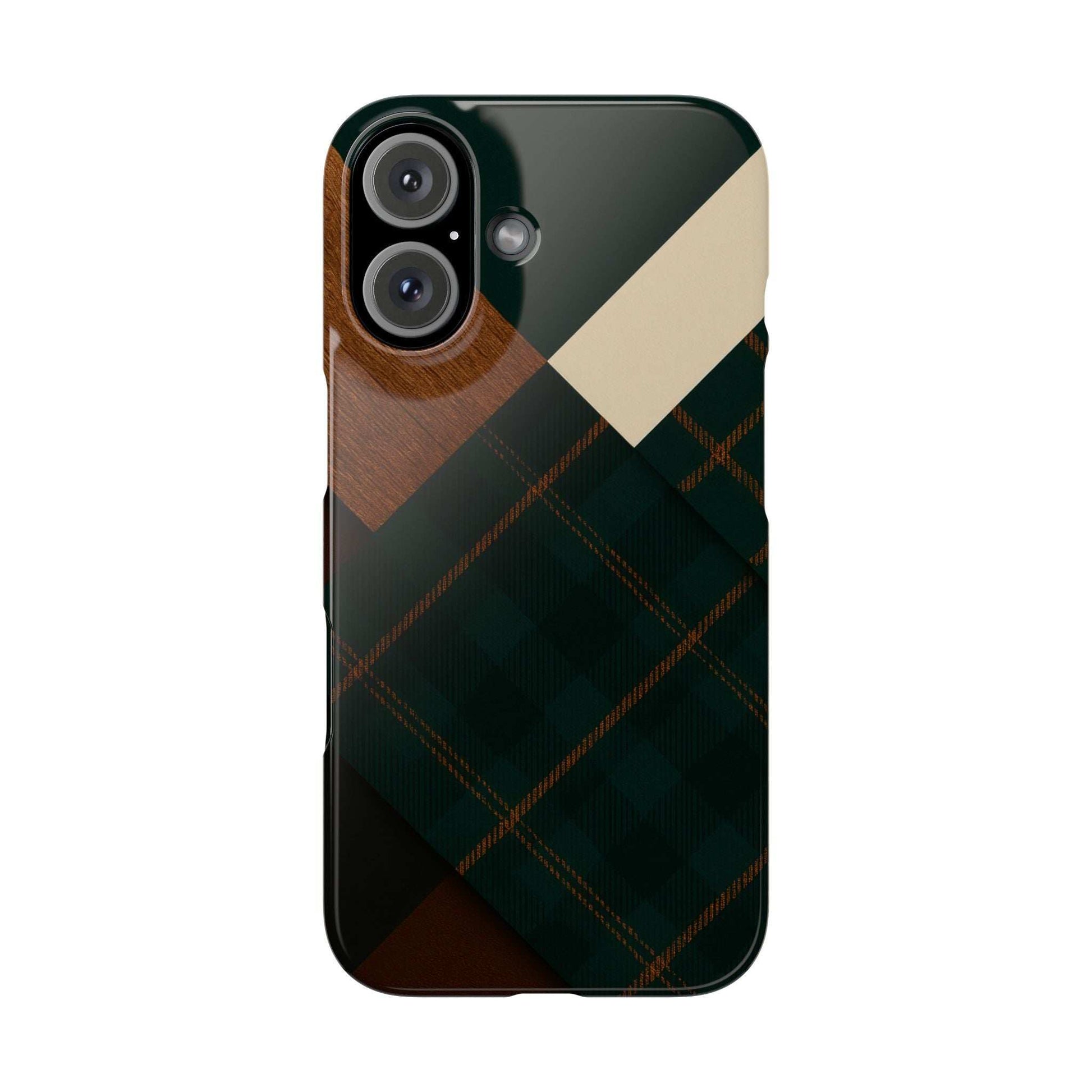 Phone case with dark green, tan, and plaid pattern; close-up of dual lens area