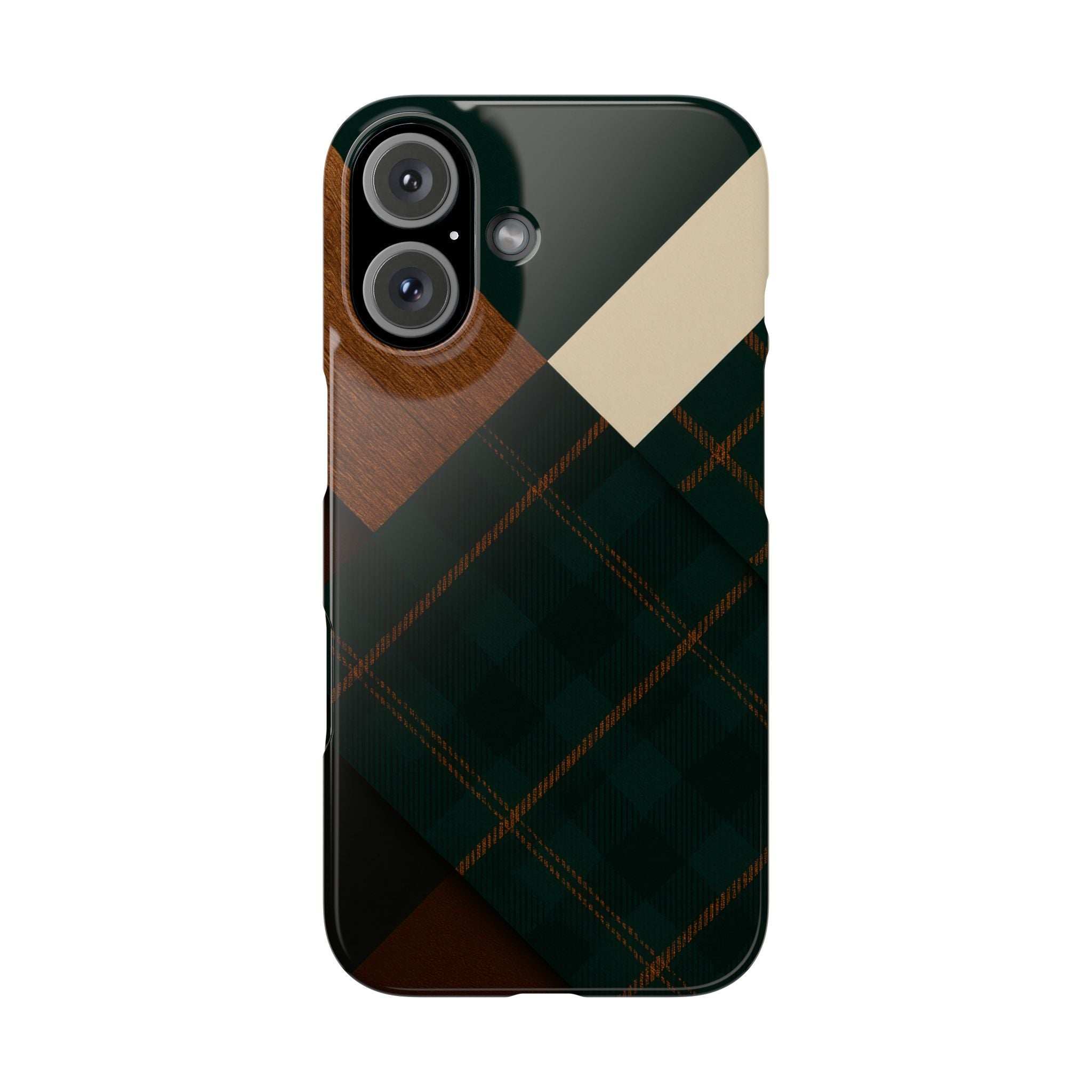 Phone case with dark green, tan, and plaid pattern; close-up of dual lens area