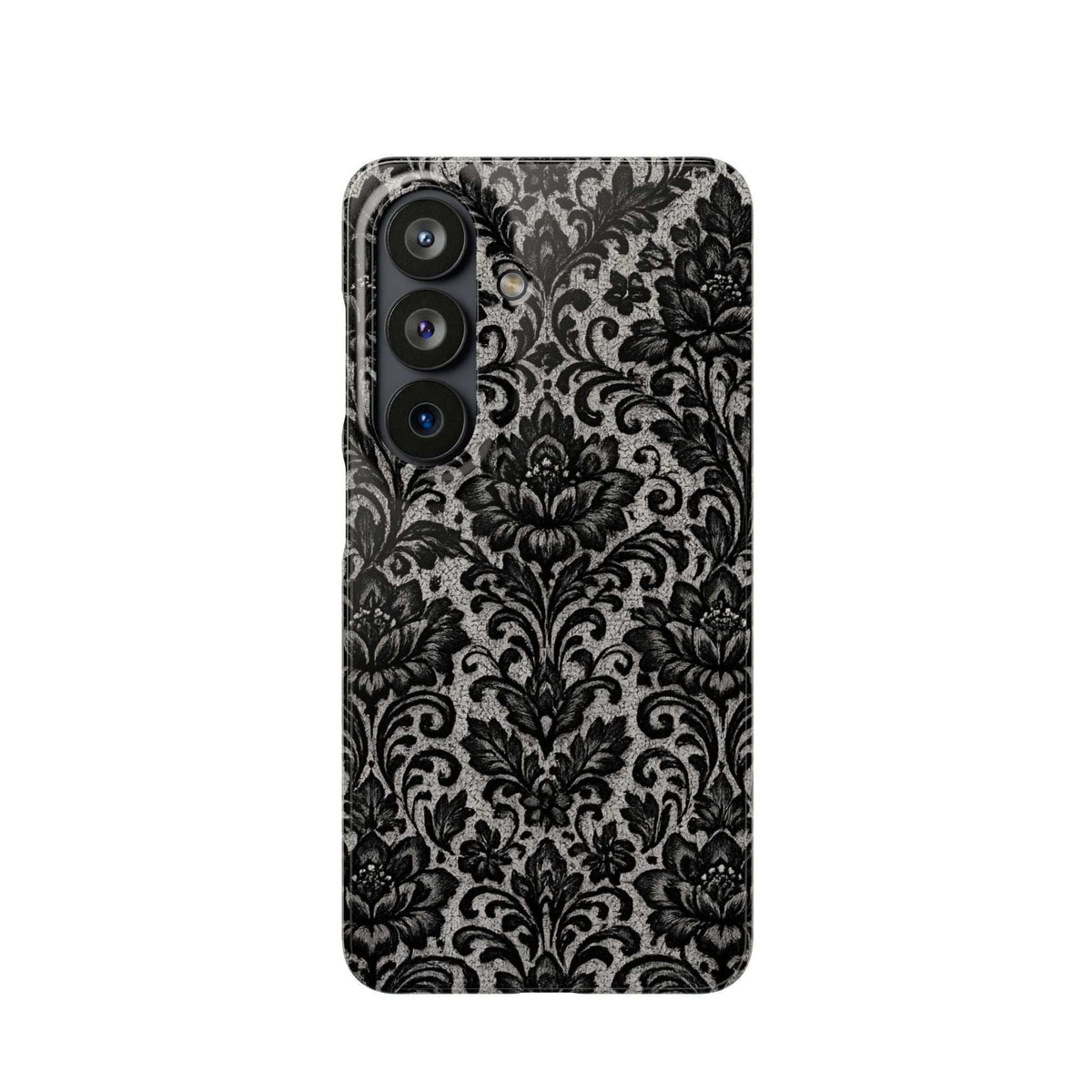Black damask floral phone case with camera cutouts, slight side angle