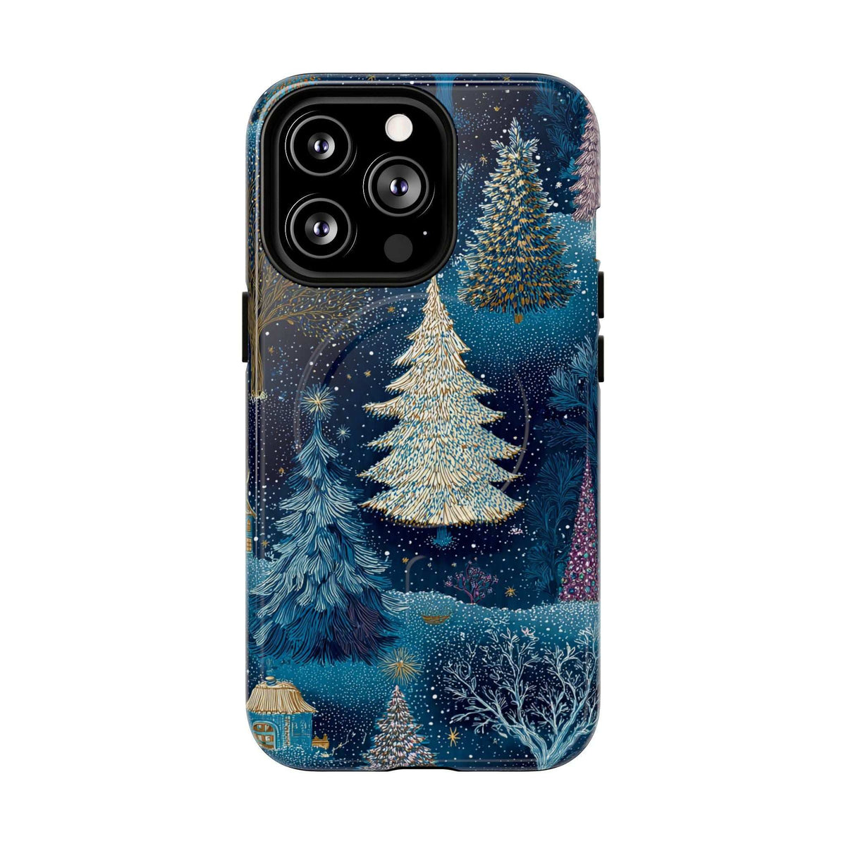 Glossy blue phone case with snowy forest and glitter stars; camera module cutout.