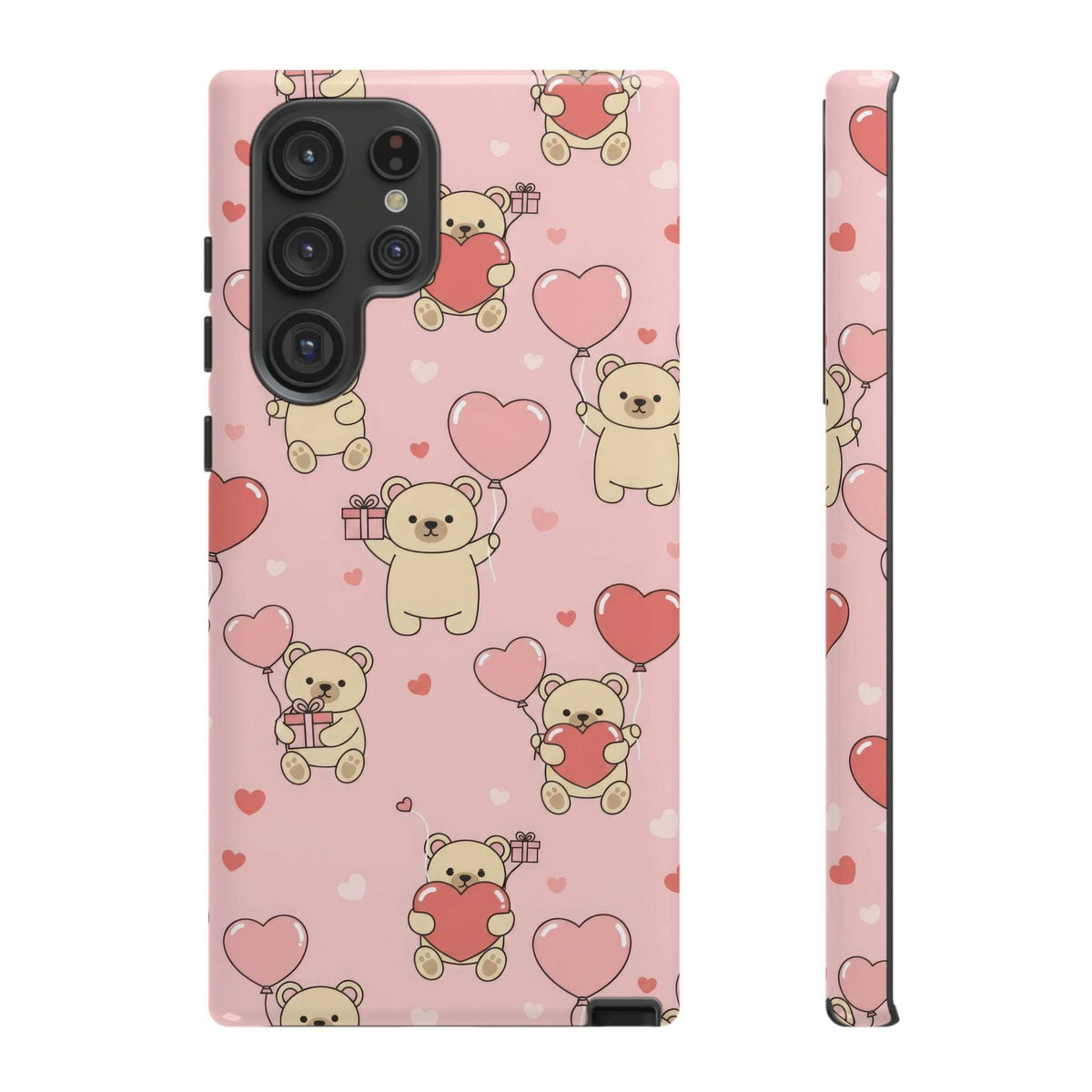 Pink teddy bear and heart phone case with camera cutout and protective bumper edges