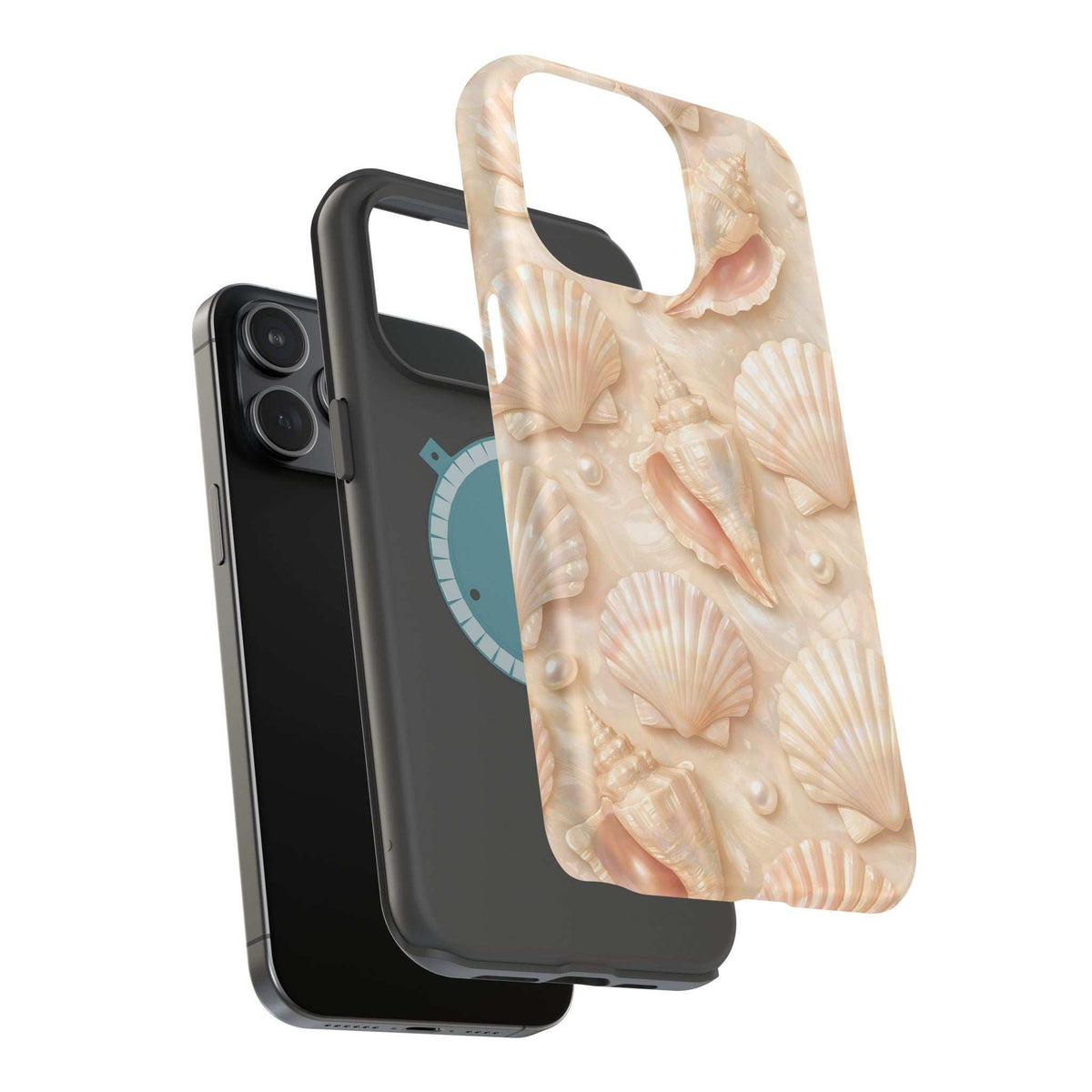 Beige seashell phone case with MagSafe hand grip cutout on back