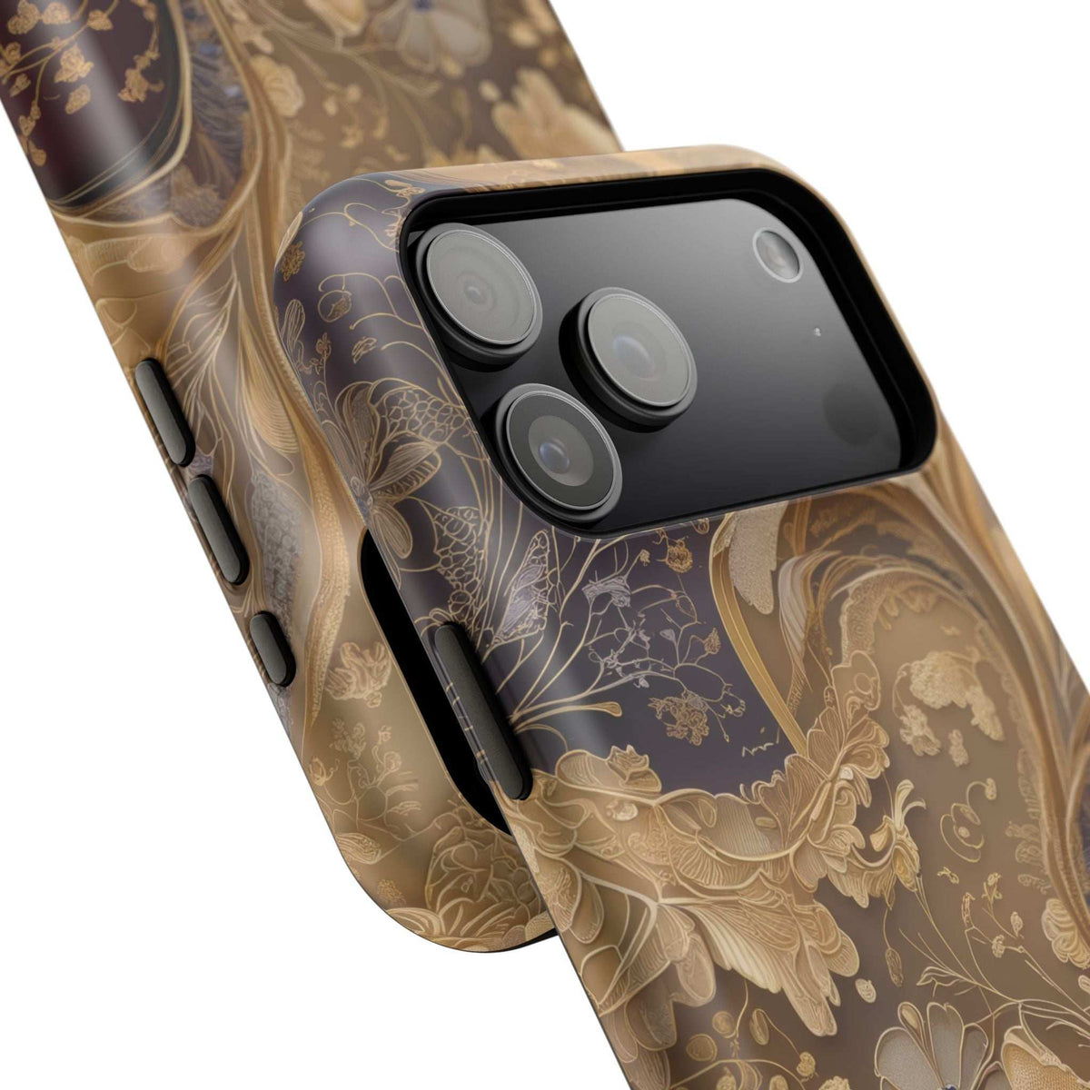 Botanical phone case angled close-up: gold floral art, camera lenses and side cutouts