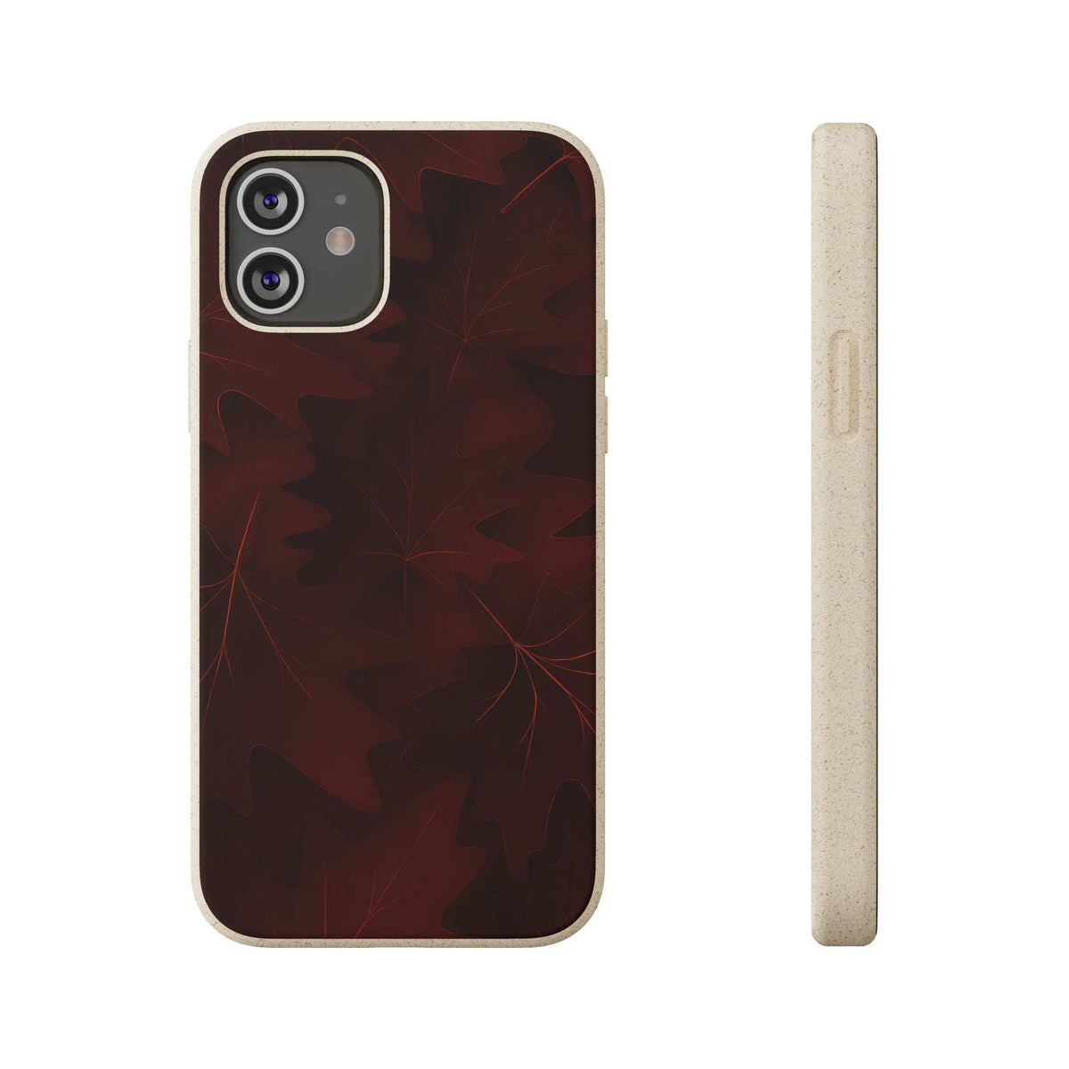Dark leaf-pattern phone case back view with camera lens cutouts and slim profile