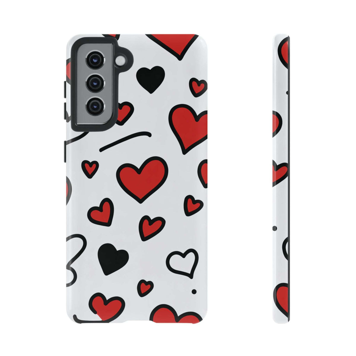 Slim phone case with scattered red and black hearts on white, side profile view.