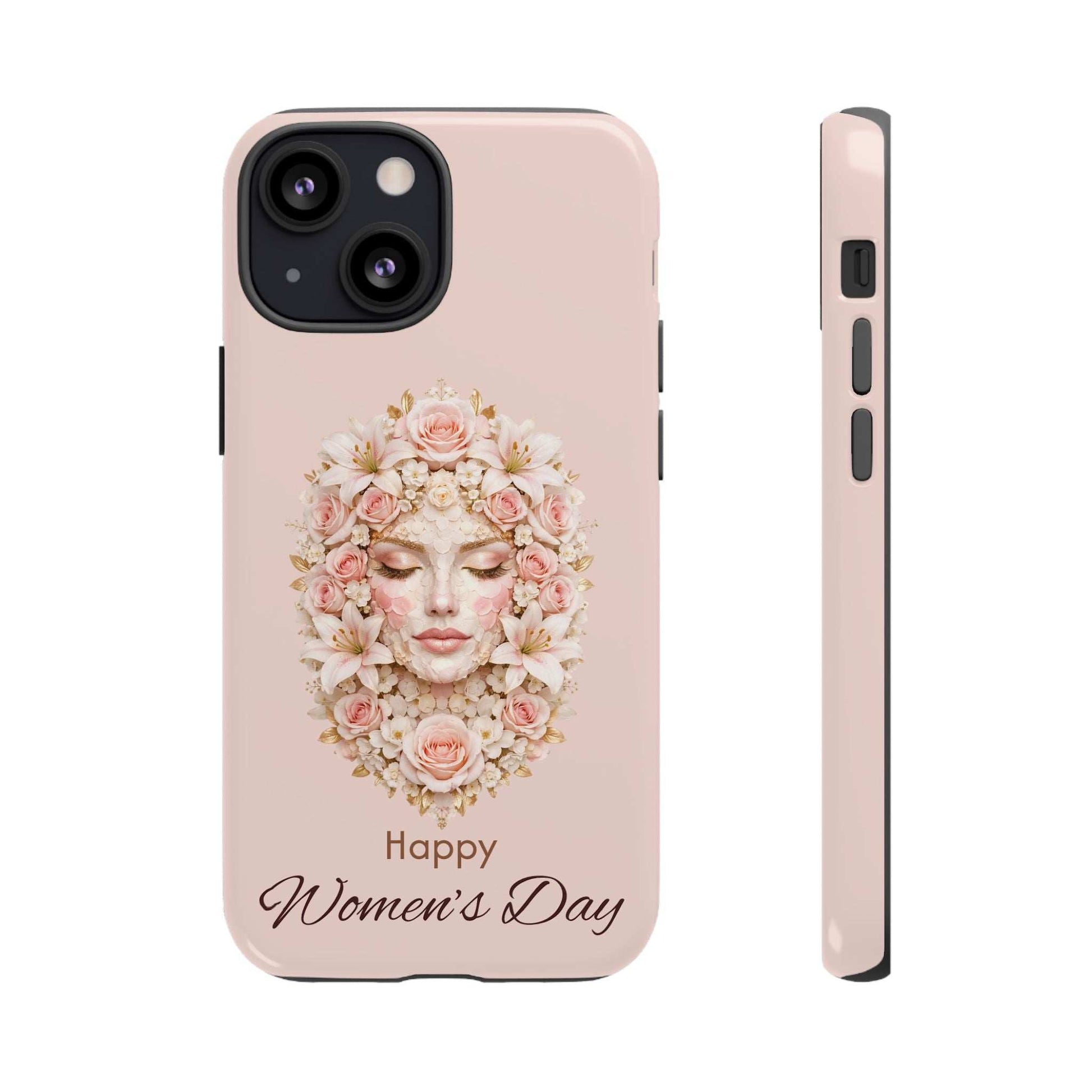 She Blooms phone case in pink with floral wreath woman face; “Happy Women’s Day” script; front and side