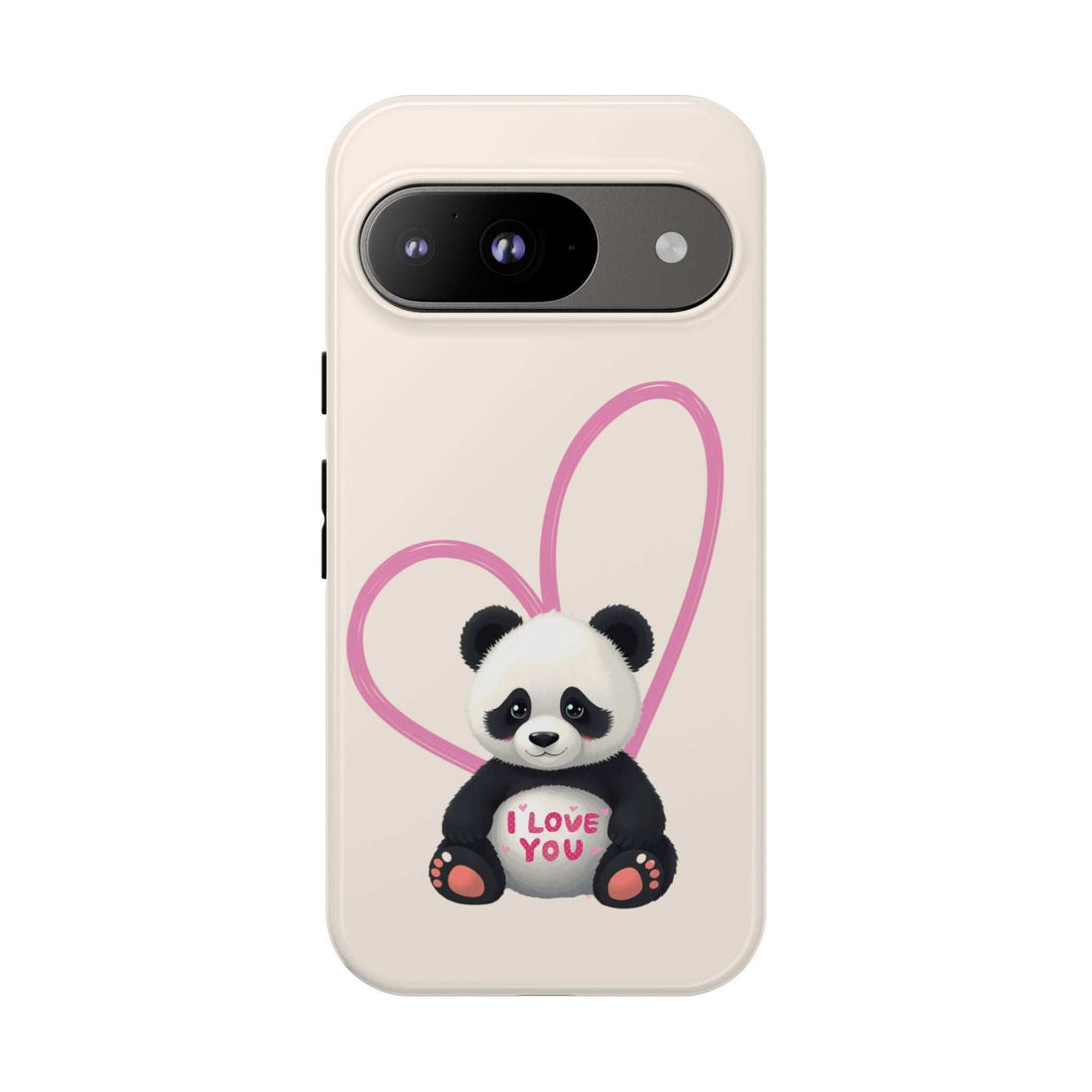 Cream phone case with cute panda in pink heart and “I love you” text
