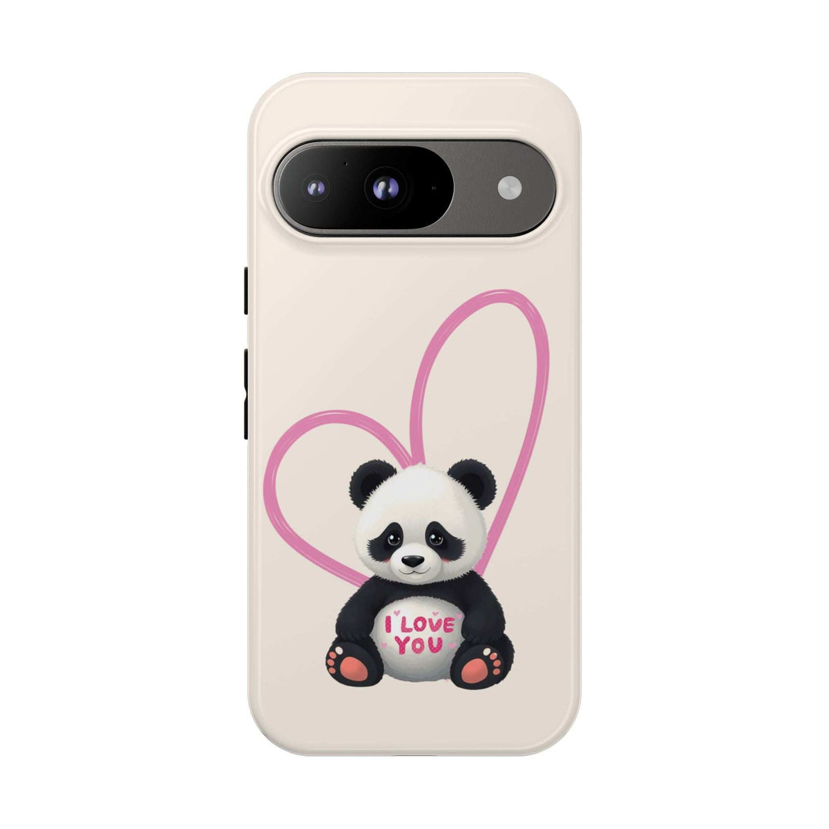 Cream phone case with cute panda in pink heart and “I love you” text
