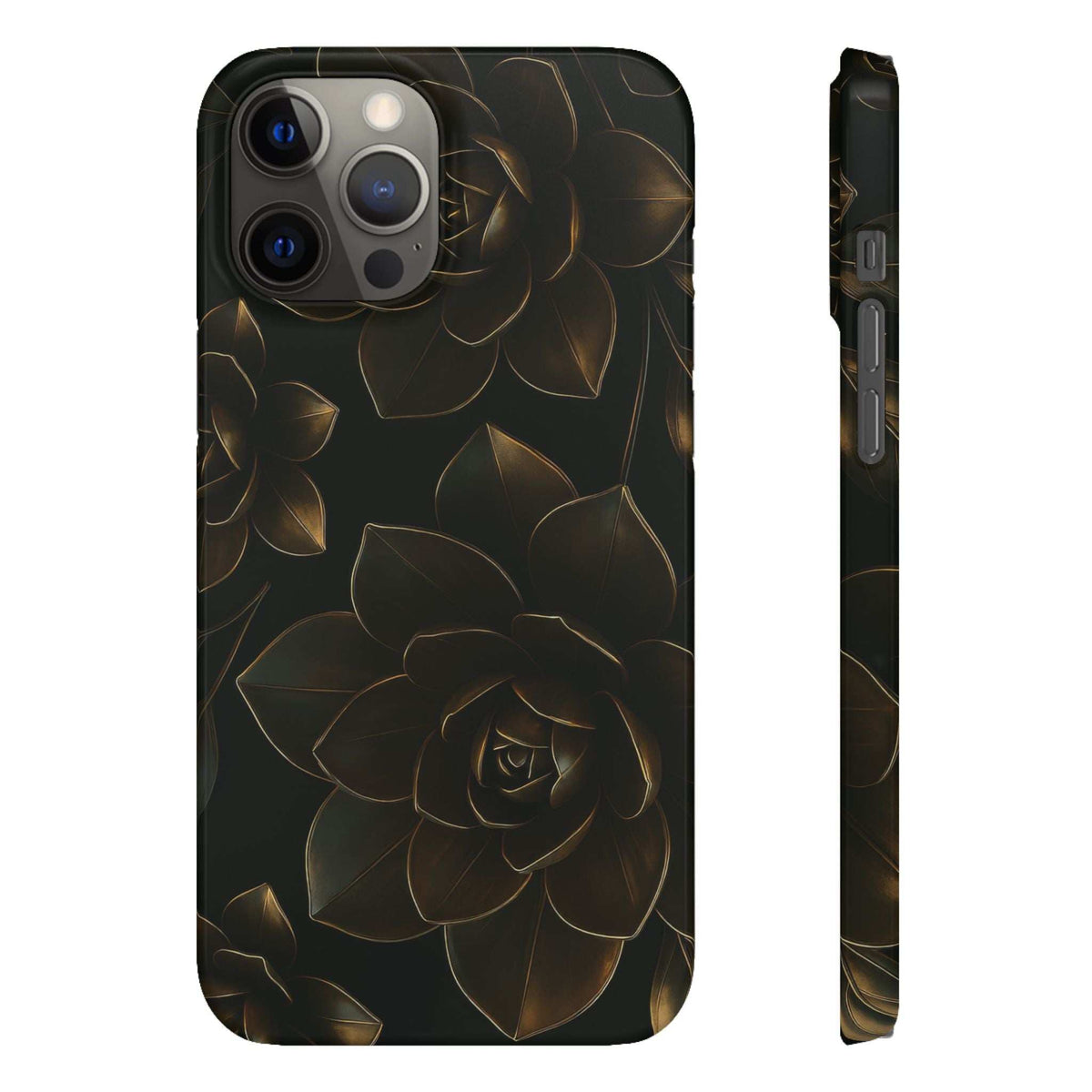 Glossy black phone case with gold rose and leaves; visible front camera cutouts.