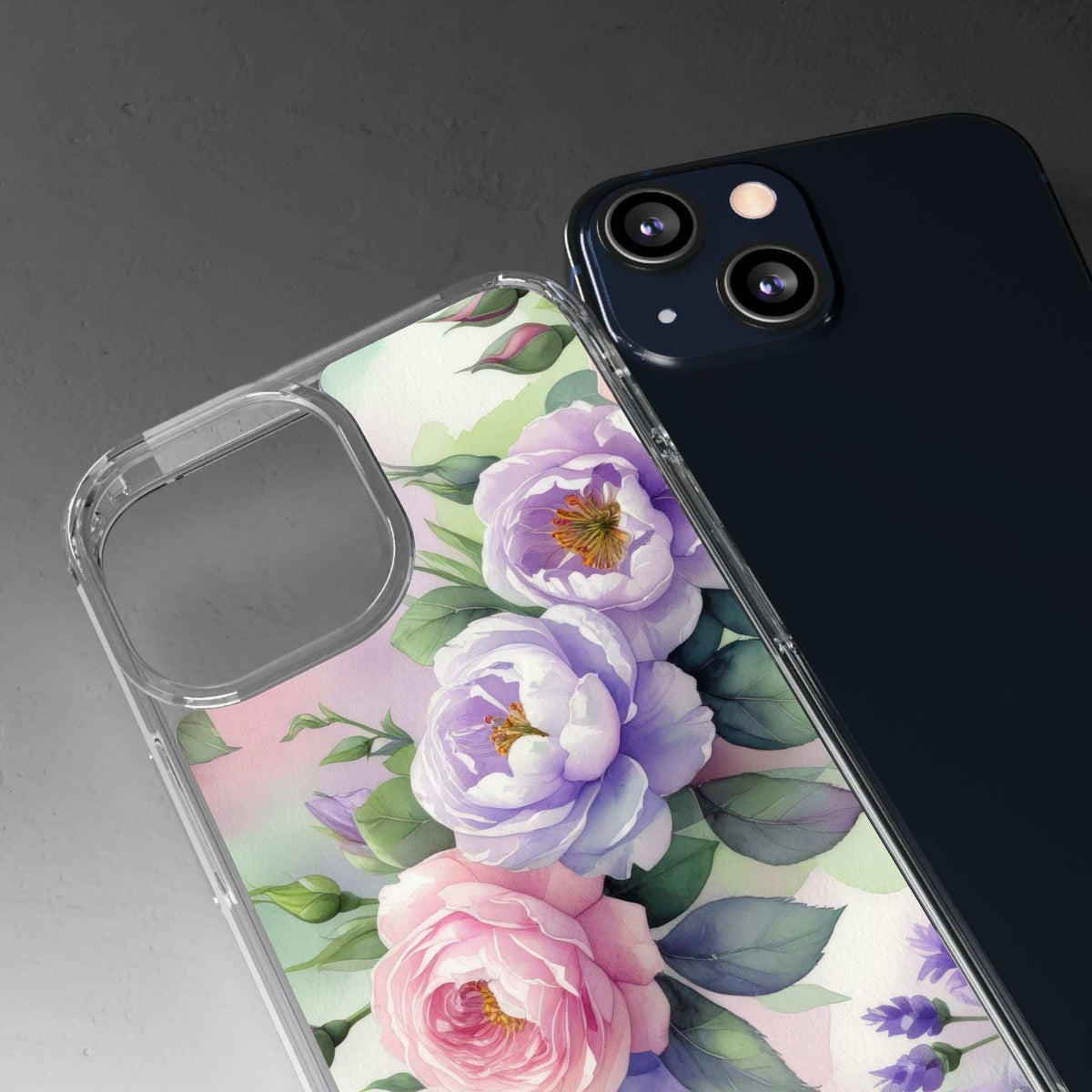 Clear floral phone case close-up showing peony blooms and leaf details through clear cover