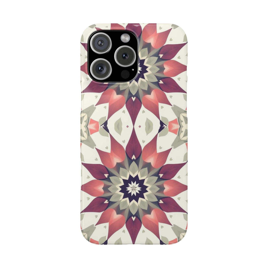 iPhone phone case with burgundy mandala floral pattern and dark camera cutouts
