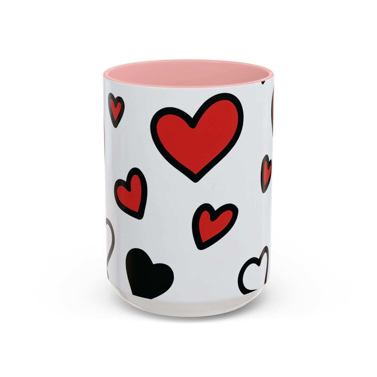 Love-themed accent coffee mug, white body with red hearts and pink interior