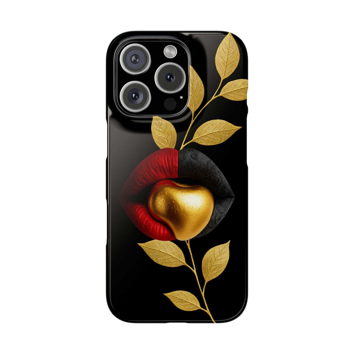 Black phone case with gold lips and leaf design
