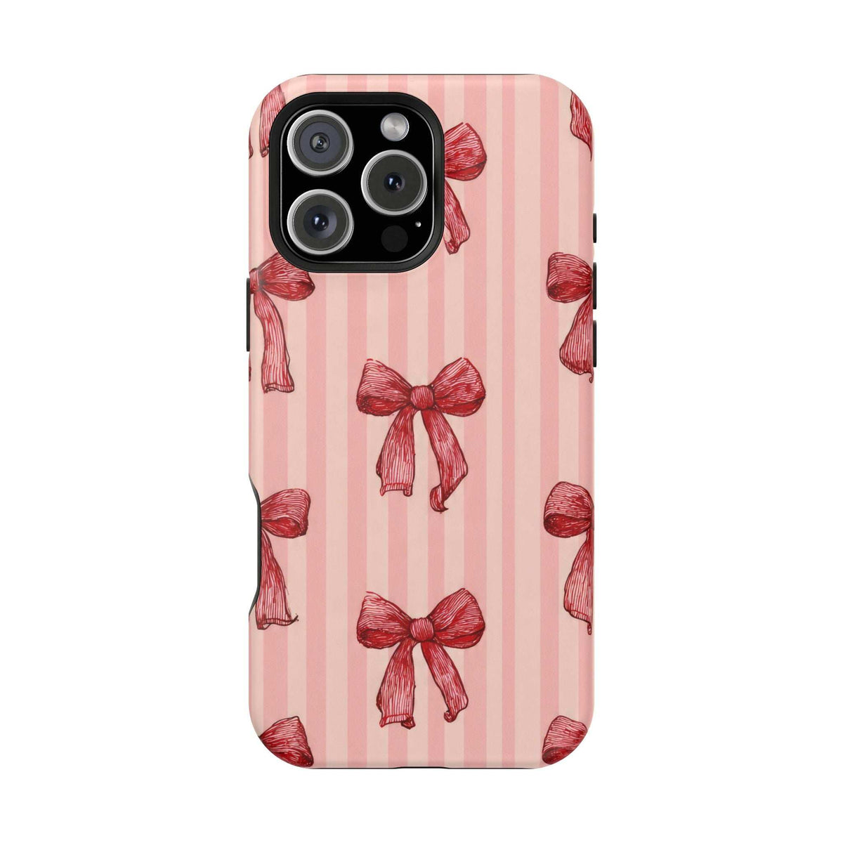 Pink striped phone case with red bows; quad-lens camera module on black mount