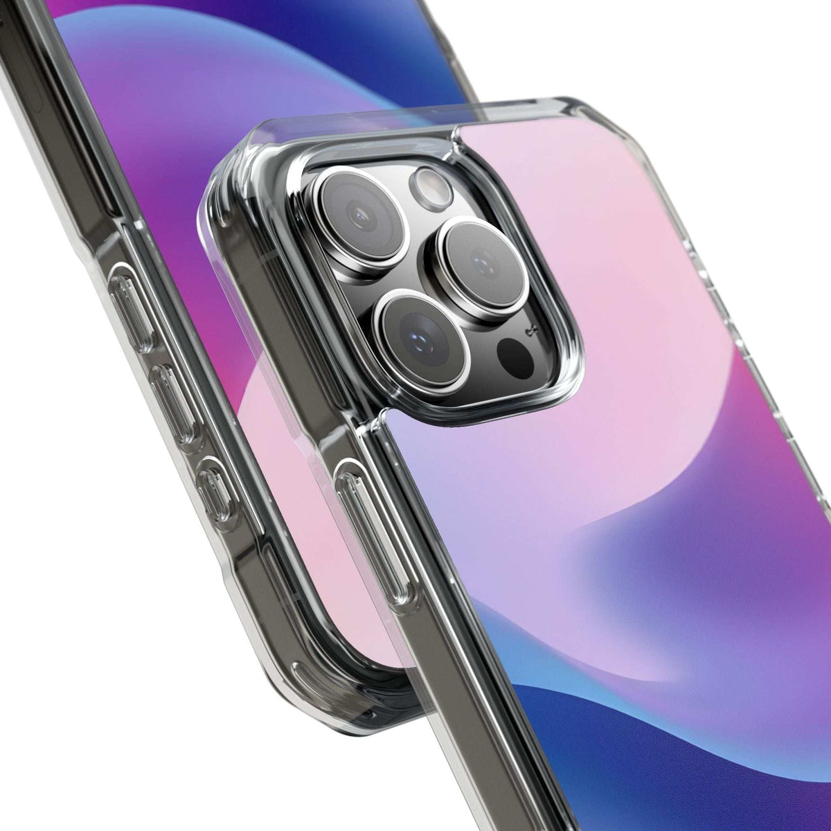 Pastel wave phone case shown at angle with clear bumper edges and camera cutout