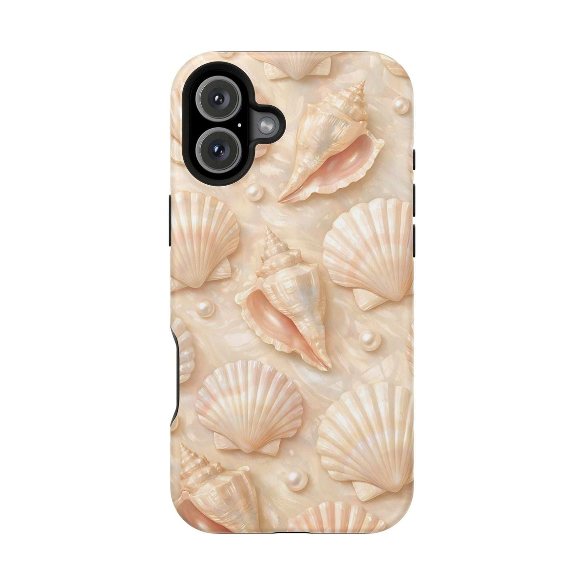Seashell phone case in cream with embossed conch pattern and camera cutouts