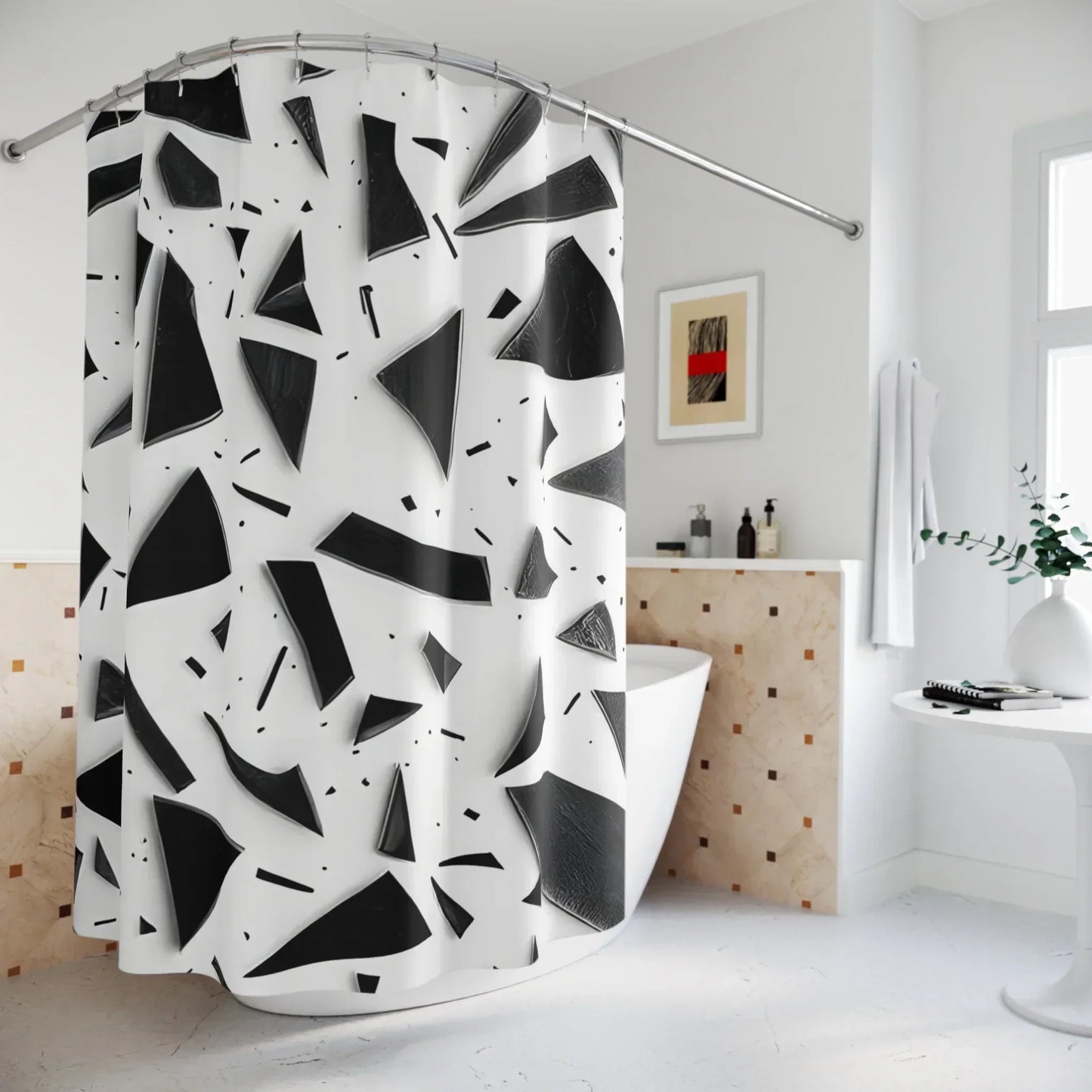 Geometric Shower Curtain - Black & White Abstract Design, Waterproof Fabric - KarArmDesign