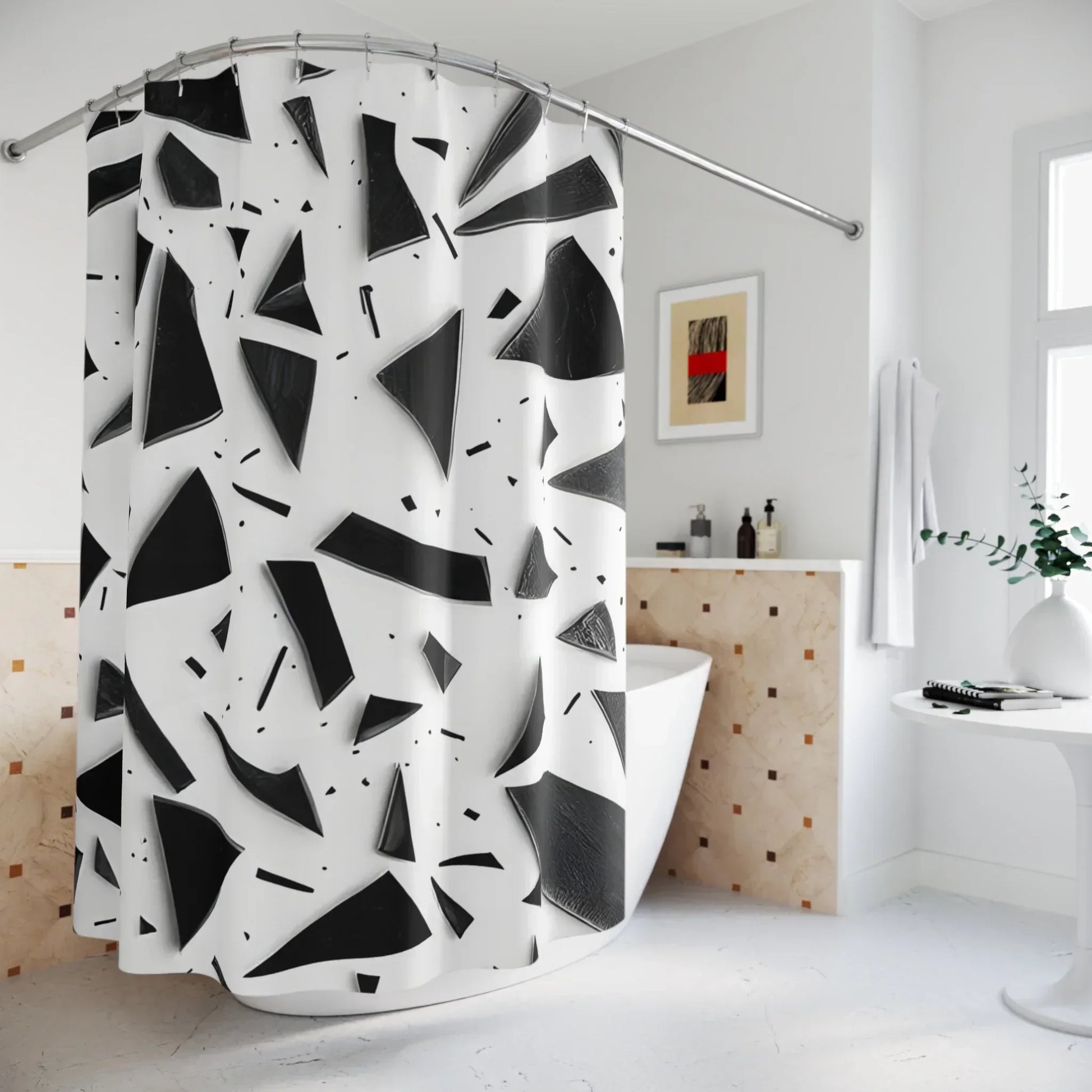 Geometric Shower Curtain - Black & White Abstract Design, Waterproof Fabric - KarArmDesign