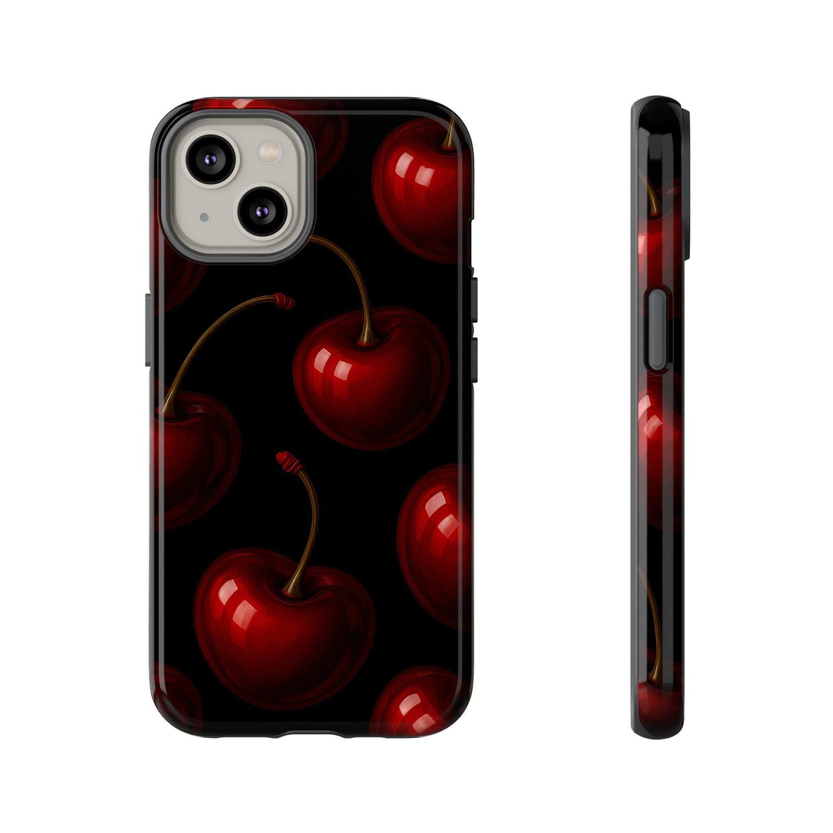 Glossy phone case with red cherries on black, light camera cutouts and side button openings