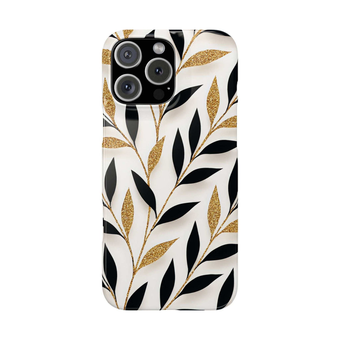 iPhone phone case with white base, black leaves, and gold glitter leaf accents; camera lenses