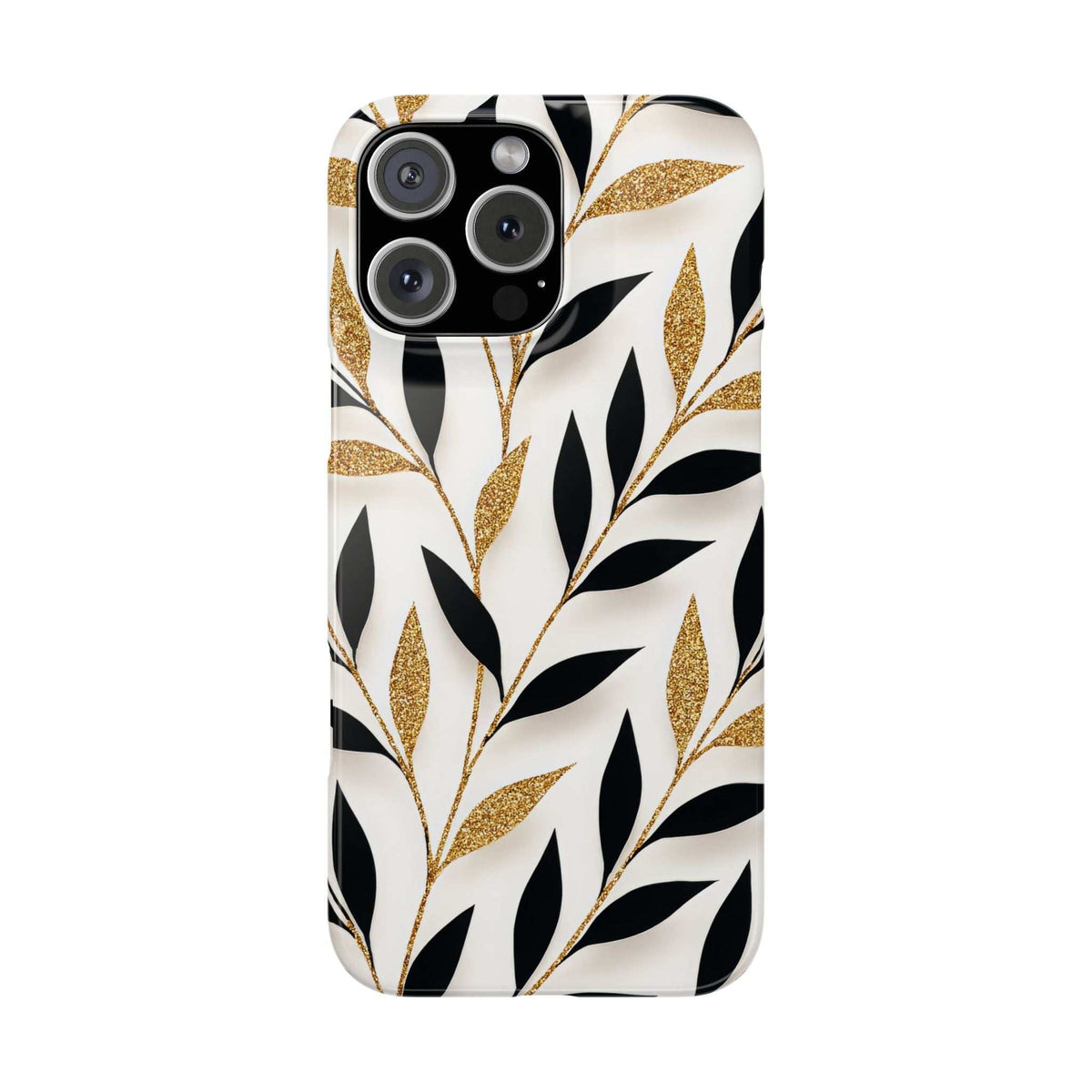 iPhone phone case featuring white, black leaf branches with gold glitter highlights