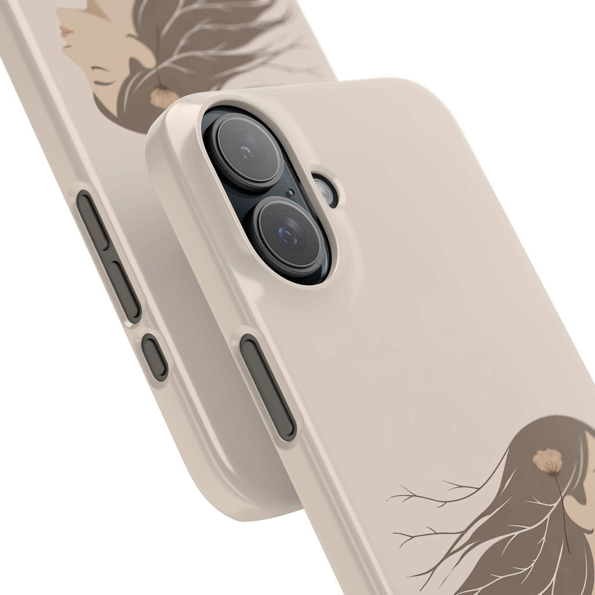 Cream phone case with floral woman line art, slim side buttons and lens opening