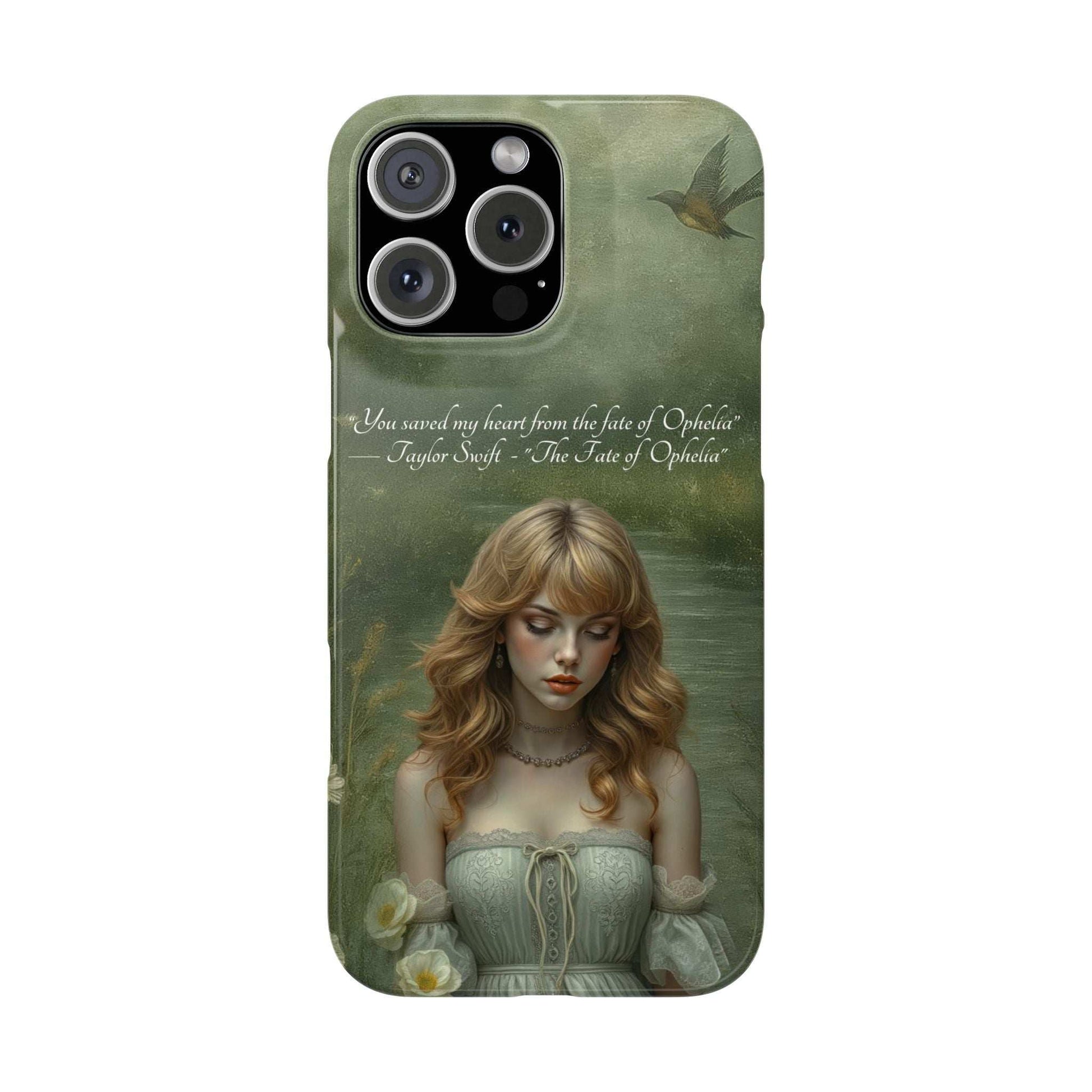 Green phone case with portrait of a blonde woman, bird detail, and camera cutouts.