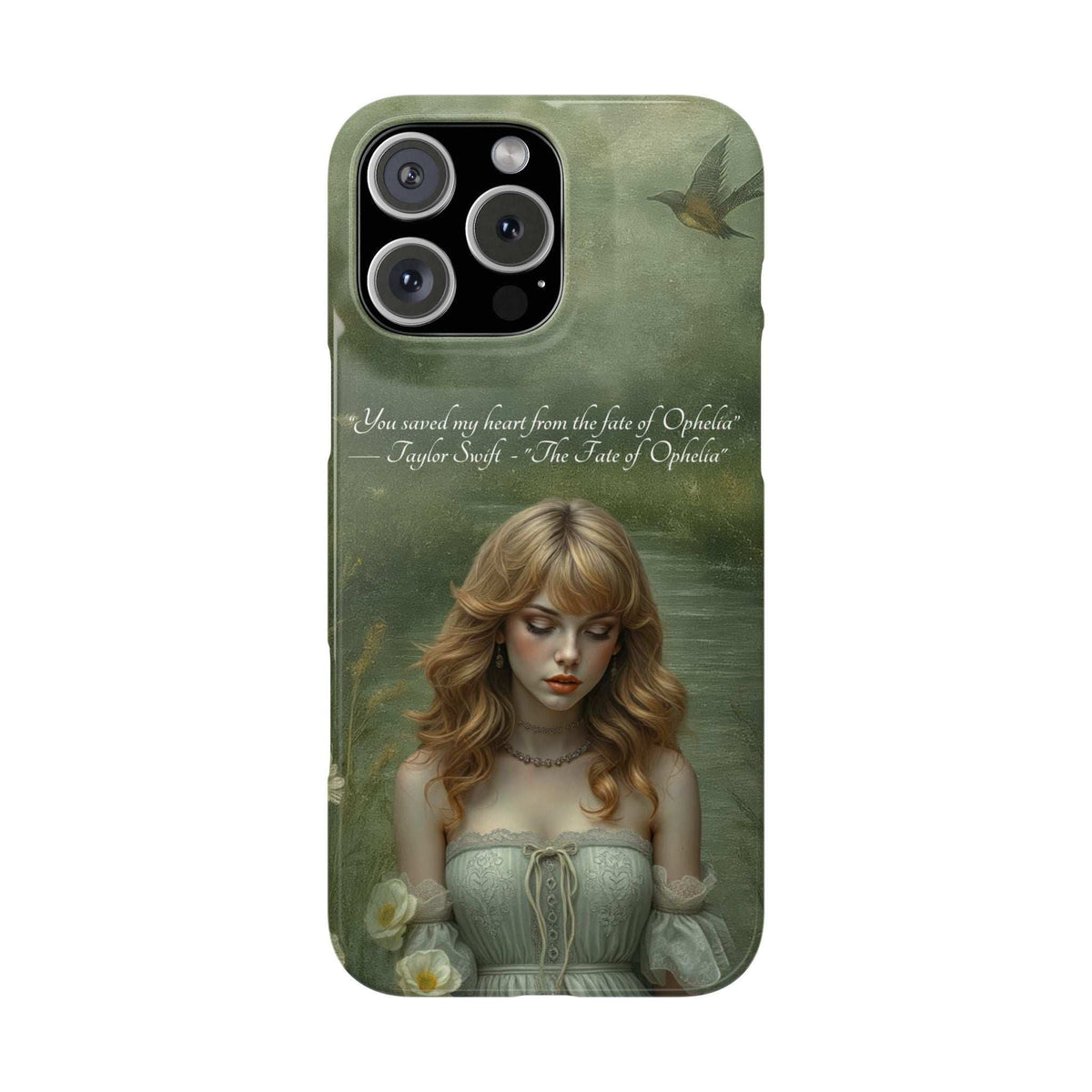 Green phone case with portrait of a blonde woman, bird detail, and camera cutouts.