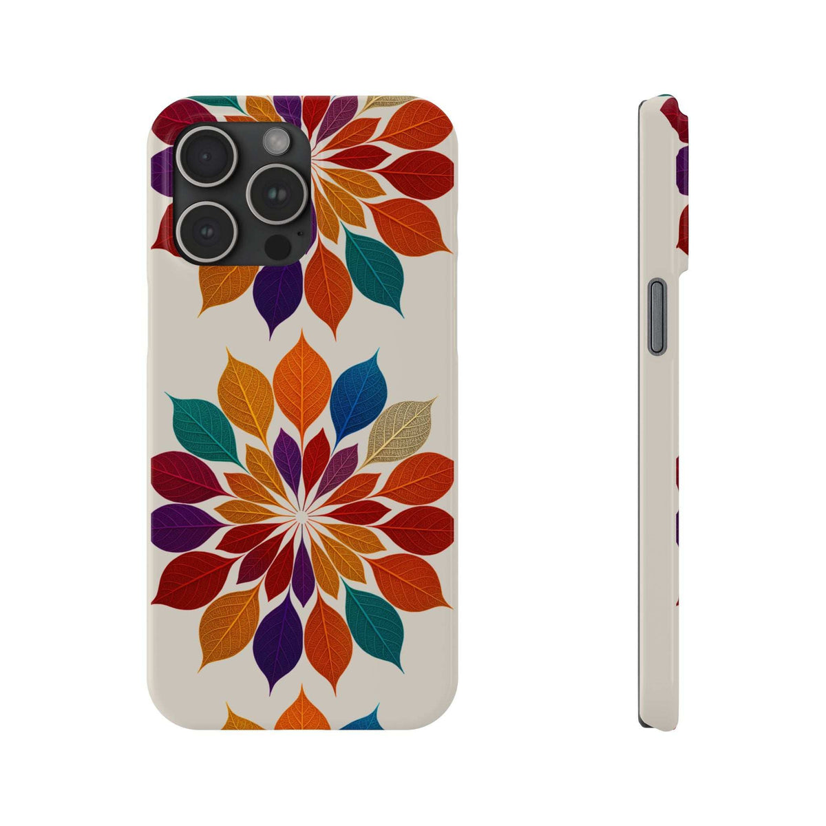 Leaf mandala phone case with multicolor leaves pattern and side profile with button cutout